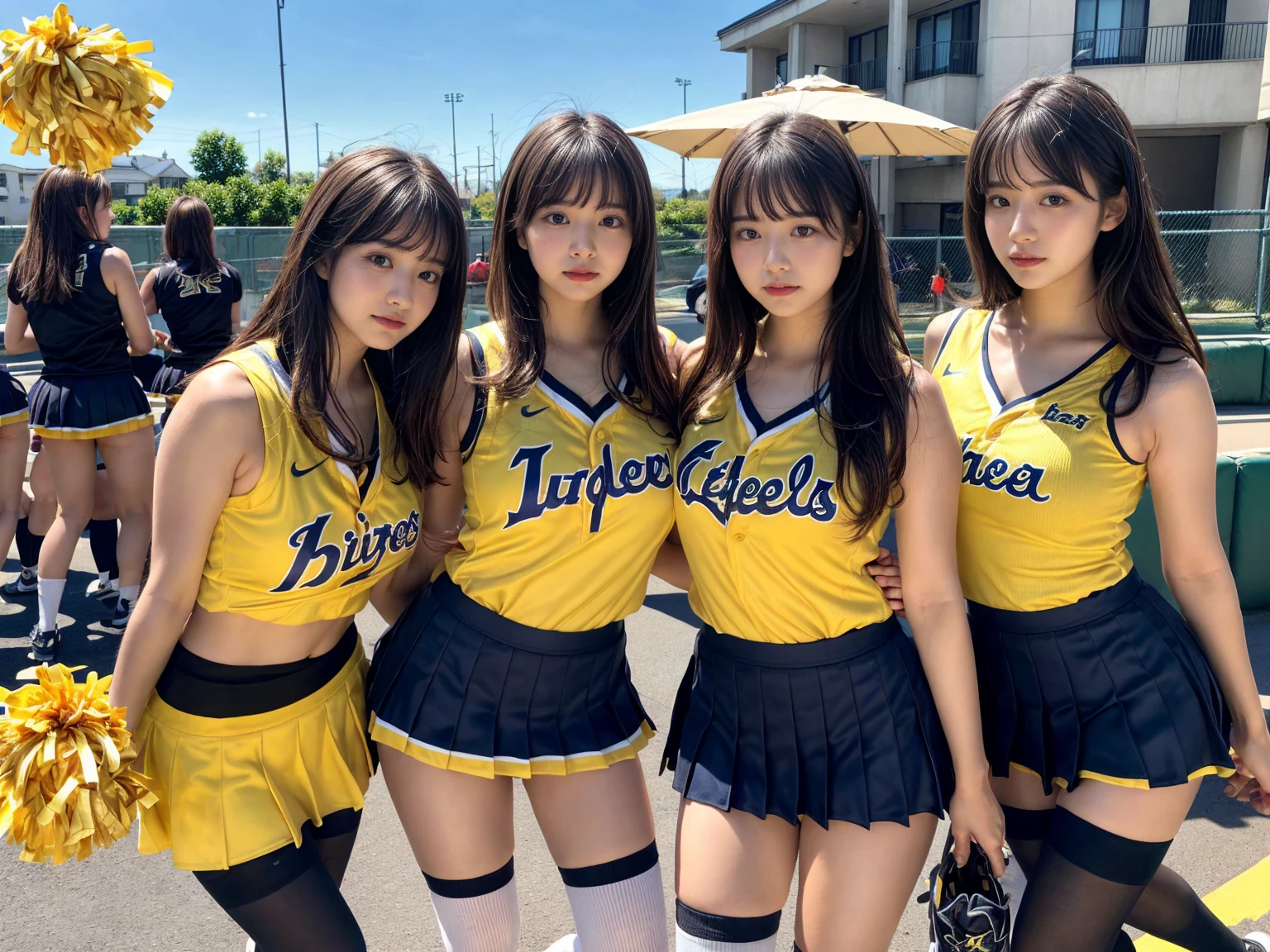 masterpiece, best quality, illustration, Super detailed, fine details, High resolution, 8K,wall paper, perfect dynamic composition,(Details High quality, realistic depiction of eyes:1.3), (3 girls), BREAK (cheerleader uniform with yellow as basic color:1.3), (holding a yellow pompoms in hand:1.4), (sleeveless yellow tunic with baseball team logo:1.4), yellow tops, (bold V-neck:1.3), ((Blue lines, black lines) on tops:1.3), ((fit and flare, A-line):1.3), (A-line yellow rah-rah skirt:1.3), mini skirt, (black socks:1.3), (sports shoes:1.2), sitting, open legs, short bob hair, in a hotel room in the background, deep on field, large breasts, black hair color, Big Natural Color Lip, (perfect body shape), crying a little、Harajuku style、20 year old girl、cute type、beautiful legs, Gravure Idol