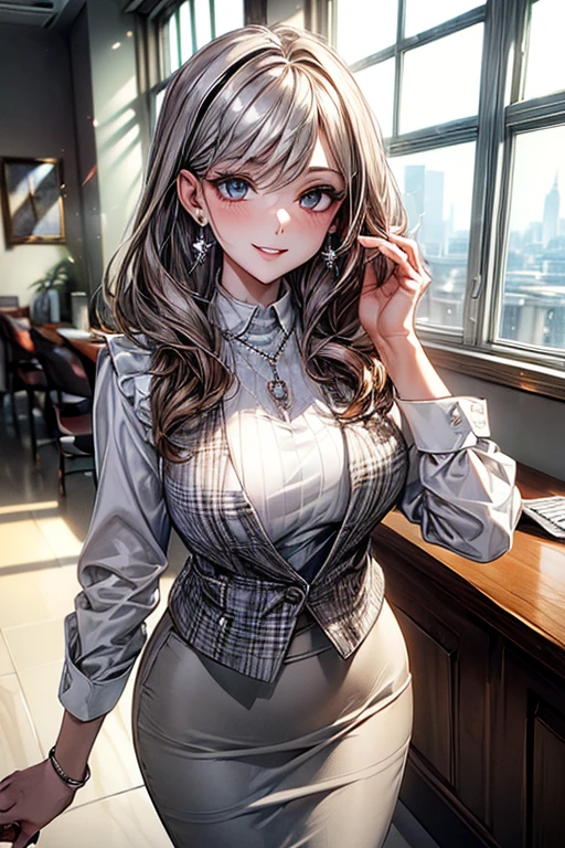 K, (masterpiece, best quality:1.6), 1 lady, masterpiece, best quality, beautiful eyes, (Perfect Anatomy),

 (light brown hair:1.2), medium hair, wavy hair: 1.5, 

(long sleeve white blouse, deep V-neck white blouse:1.8, white and gray plaid vest: 1.2, black pencil skirt:1.2), (wedding ring, Silver chain necklace with small red charm, simple silver earrings, silver bracelet),Office lady, Receptionist,


busty, sexy body, random model pose, standing, 

(Bright smile), 

face light, cinematic lighting, sharp focus,

(beautiful scenery), daytime, (Indoor, Modern office, White desk, White floor, white Venetian blinds), window cityscape, 