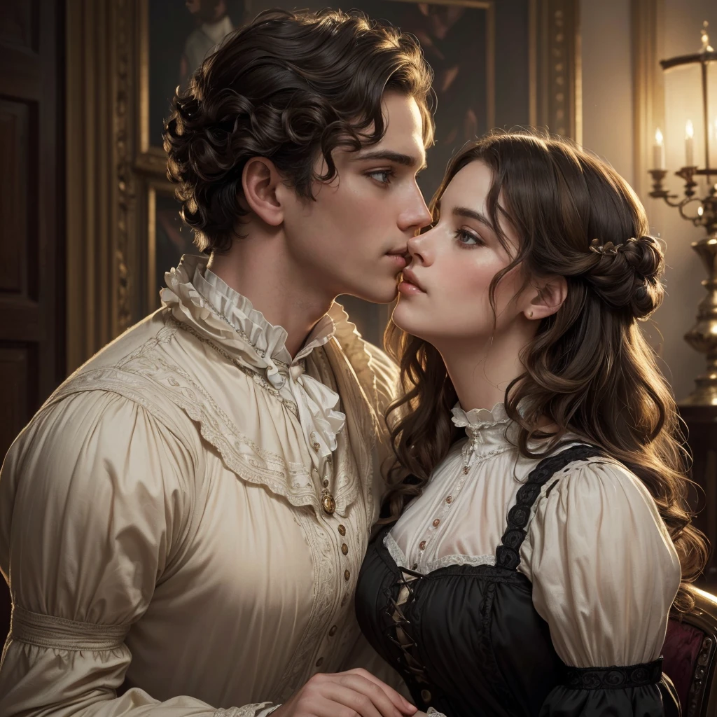 (best quality,4k,8k,highres,masterpiece:1.2),ultra-detailed,(realistic,photorealistic,photo-realistic:1.37),victorian romance,victorian era fashion,couple kissing,man holding woman's chin,1 boy with short black hair,1 girl with long blonde curly hair,soft focus,opulent and elegant atmosphere,warm lighting
