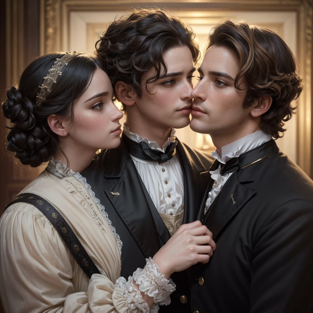 (best quality,4k,8k,highres,masterpiece:1.2),ultra-detailed,(realistic,photorealistic,photo-realistic:1.37),victorian romance,victorian era fashion,couple kissing,man holding woman's chin,1 boy with short black hair,1 girl with long blonde curly hair,soft focus,opulent and elegant atmosphere,warm lighting