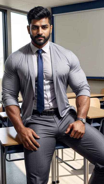 40 years old handsome hunk indian teacher with small beard mascular dark skin jaat with spiky hairstyle, head to thighs, beautiful eyes, large lips, volumeric light, wearing button opened shirt showing hairy chest with unbuttoned grey trouser with grey tie, huge bulge show at front of children, muscular chest, long legs, Wide shoulders, nice detailed hands, standing with spread legs in classroom background, sunny day, daylight, huge bulge, erect bulge, seductive, erotic, exotic