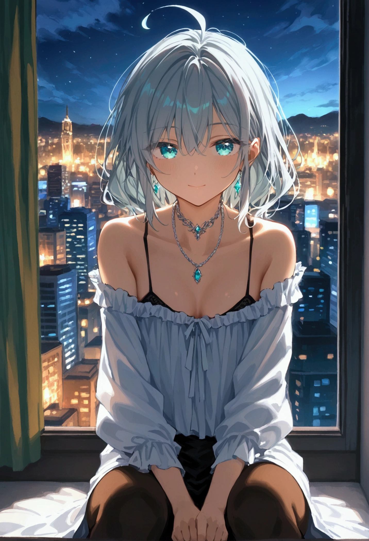 (masterpiece), Highest quality, Cyan eyes, Light grey hair, Expressive eyes, Jorhaya, I'm sitting in a room in a high-rise apartment, Night Sky, Cityscape, View your audience, City lights, window, highlight, Dramatic Light, Calm face,