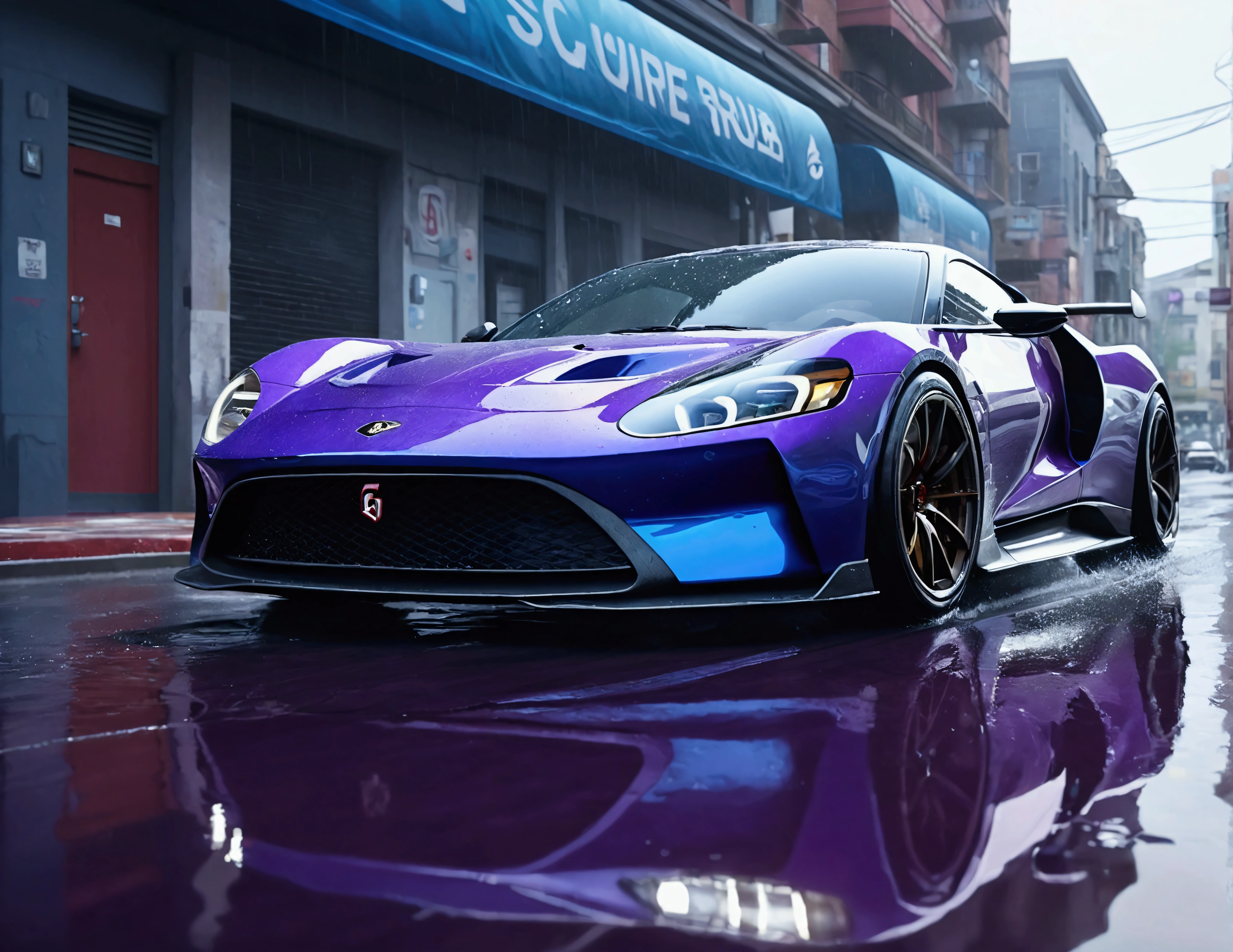 (Low Angle Shot:1.3), (From below:1.3), A hyperrealistic, 8k resolution illustration of a sleek, low-profile GT car drifting on a wet, The car has polished, reflective surfaces and visibly smoking tires, Include detailed street elements like wet curbs, street signs, and building reflections. Dynamic composition with the car in the center. Cool color palette of blue, purple, and black. Focus on speed, motion, and detail. Artstation quality