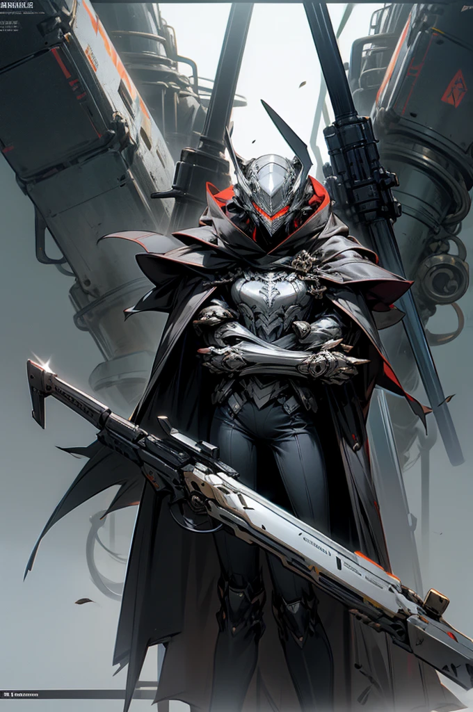 silver machine armer, hero suit, SFX, revolver, machine shield, Heavy equipment, black cloak