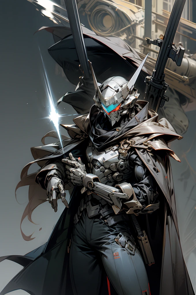 silver machine armer, hero suit, SFX, revolver, machine shield, Heavy equipment, black cloak