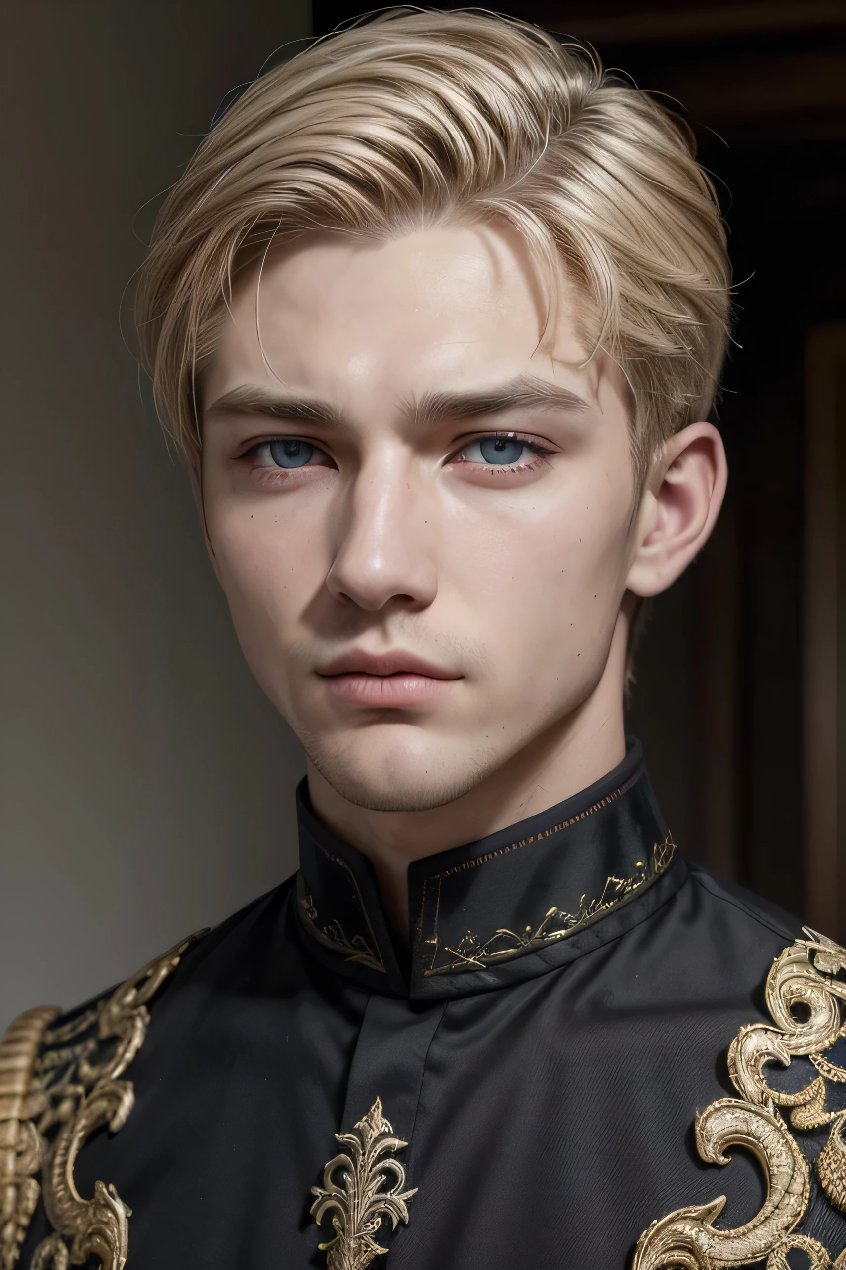 (extremely stoic and handsome:1.2), 8K,(masterpiece:1.0),(best_quality:1.0), 1 man, and intricate detailing, Enlarged textures, and intricate detailing, finely eye and detailed face, stoic handsome masculine face and intricate detailing, shiraga, blonde taper fade hair, (closed mouths), Perfect grey eyes, Equal eyes, carolina eyes (A male god) with black uniform clothing