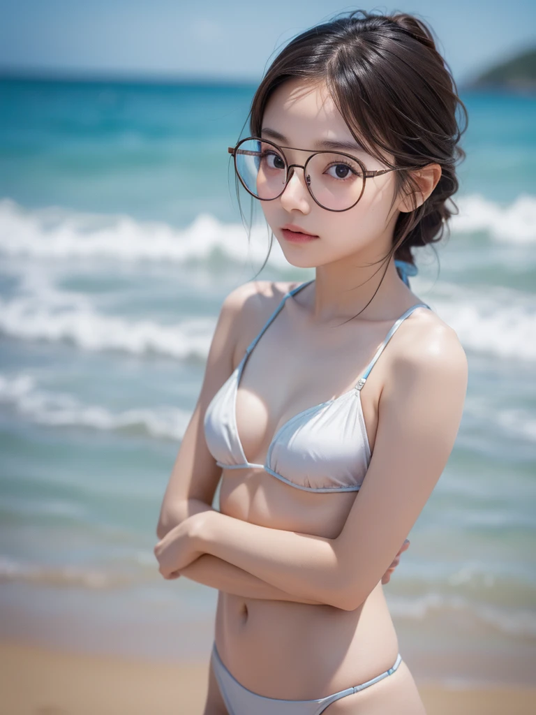 best quality, 8k, very delicate and beautiful, highly detailed face and skin texture, shiny skin, high resolution, cute tiny japanese glasses girl in bikini on the beach, full body, sharp focus