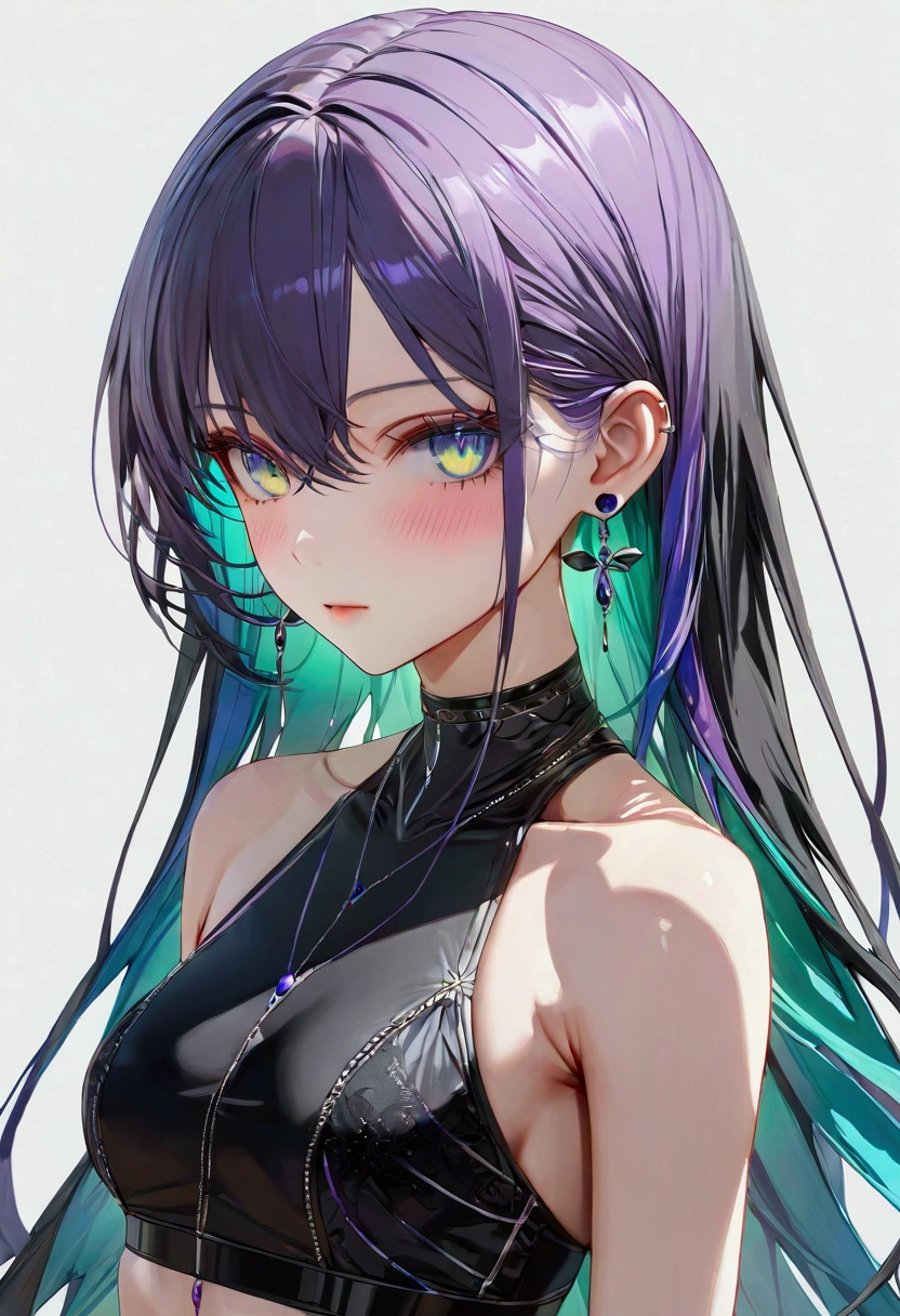Mostly black purple blue green hue hair, multicolored eyes, slender and athletic built, UHD, masterpiece, super detail, best quality, 8k