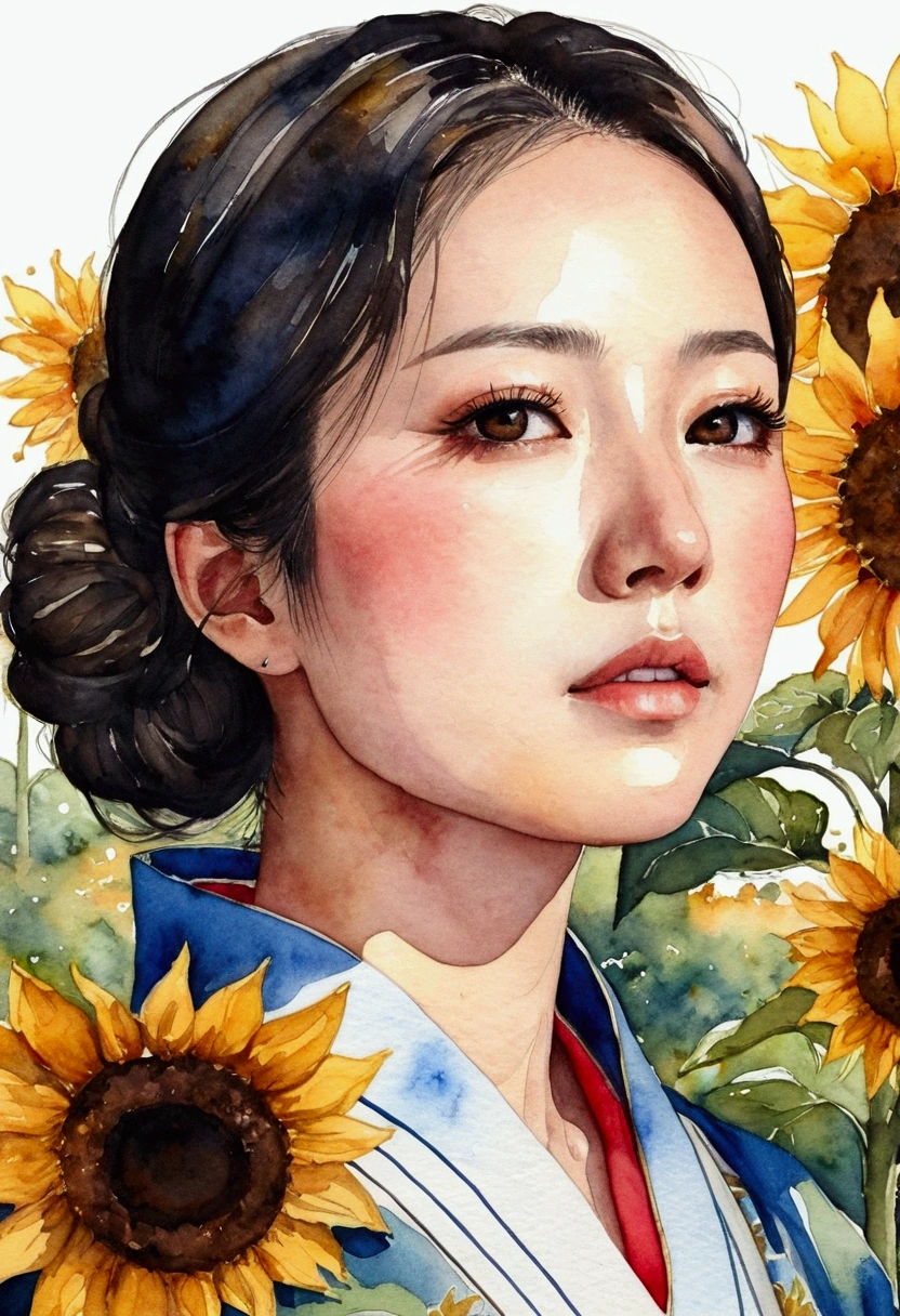 Sunflower fieldではにかんだ表情の着物を着たとても綺麗な日本人女性　Sunflower field　Japanese woman in kimono　Lots of sunflowers　A woman is looking into the distance in profile　sunset　sunny　Watercolor　Detailed ink illustration　Detailed beautiful eyes