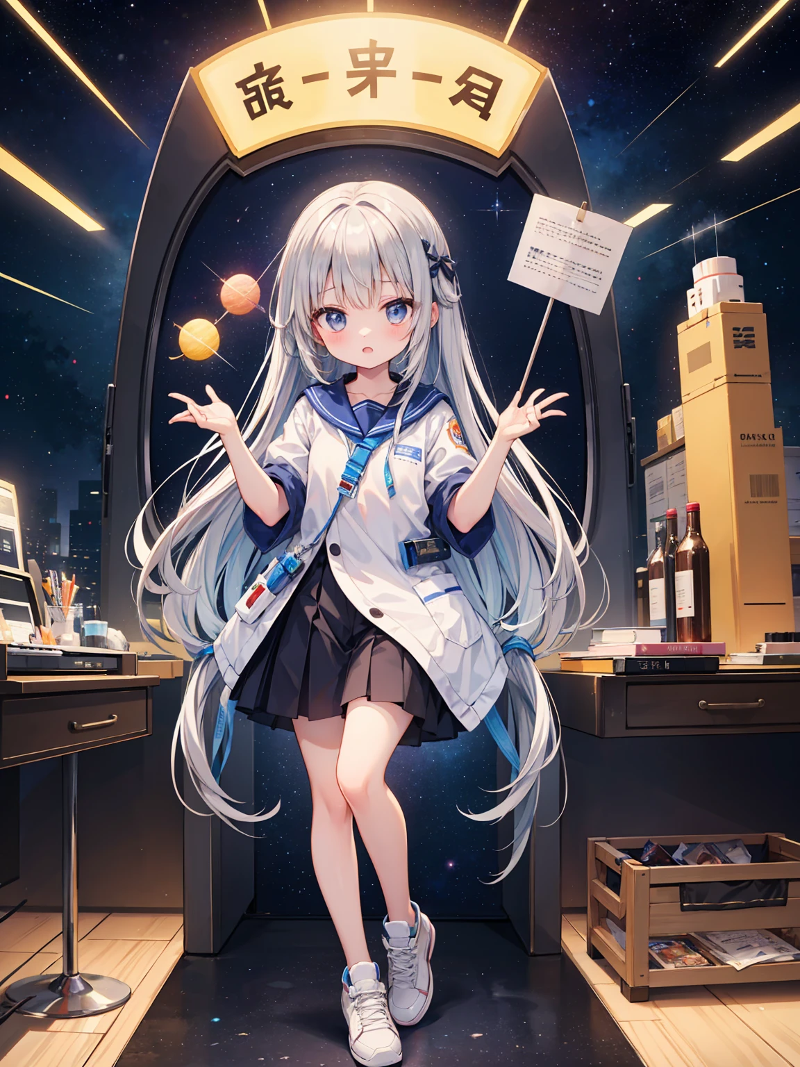 Sweet々She、Adorable appearance、Long hair of light silver color、Researcher Cosplay、sneakers、Project the background、masterpiece、Highest quality、Space Station