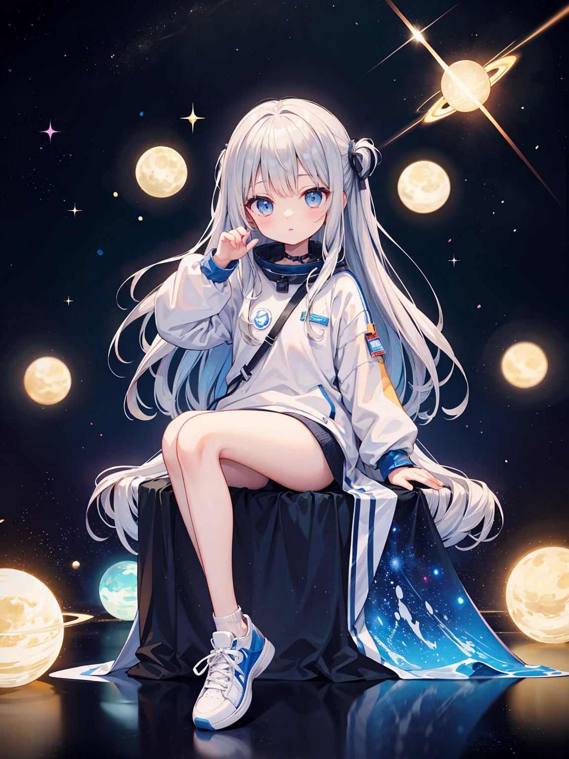 Sweet々She、Adorable appearance、Long hair of light silver color、Researcher Cosplay、sneakers、Project the background、masterpiece、Highest quality、Space Station