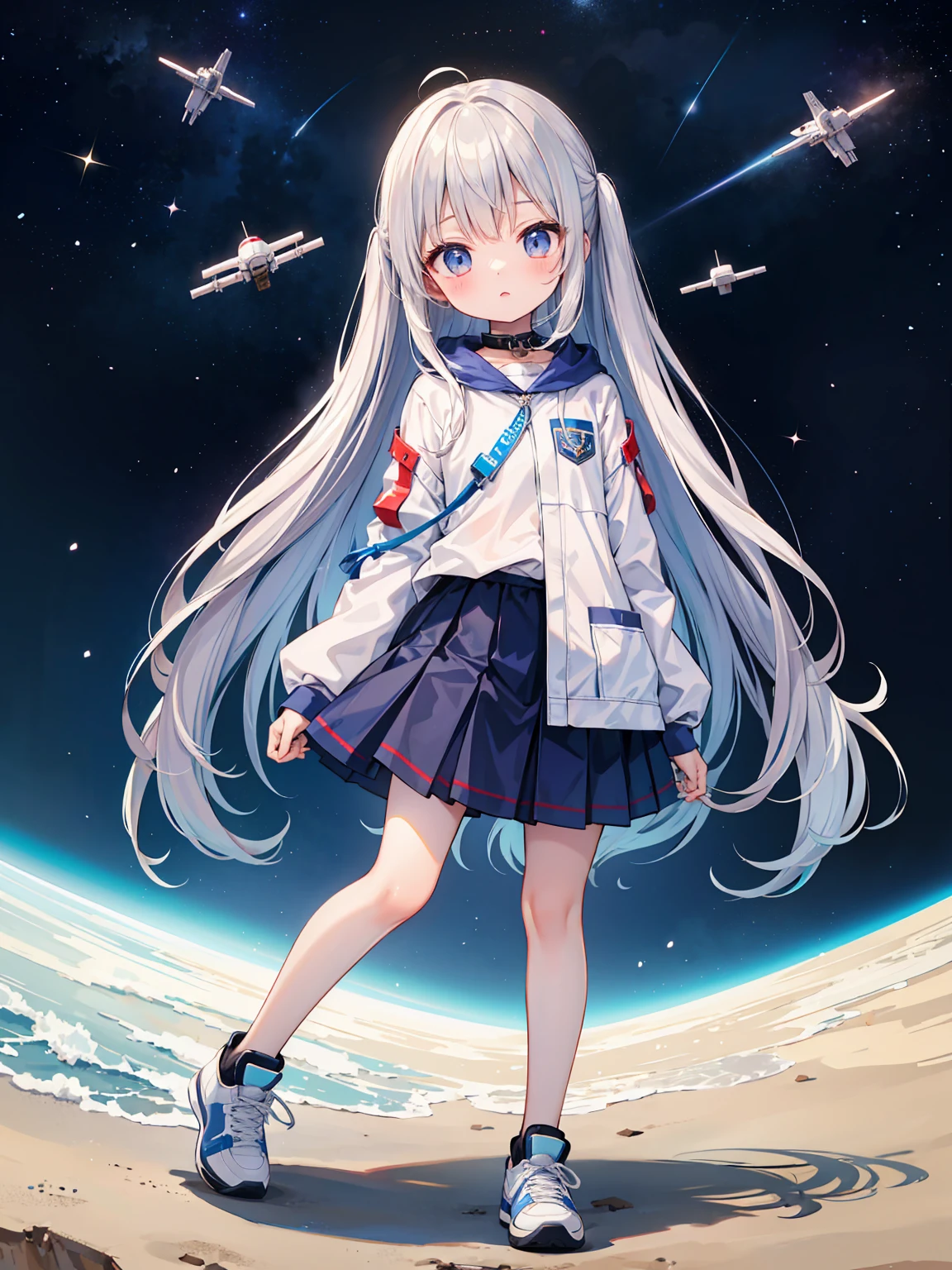 Sweet々She、Adorable appearance、Long hair of light silver color、Researcher Cosplay、sneakers、Project the background、masterpiece、Highest quality、Space Station