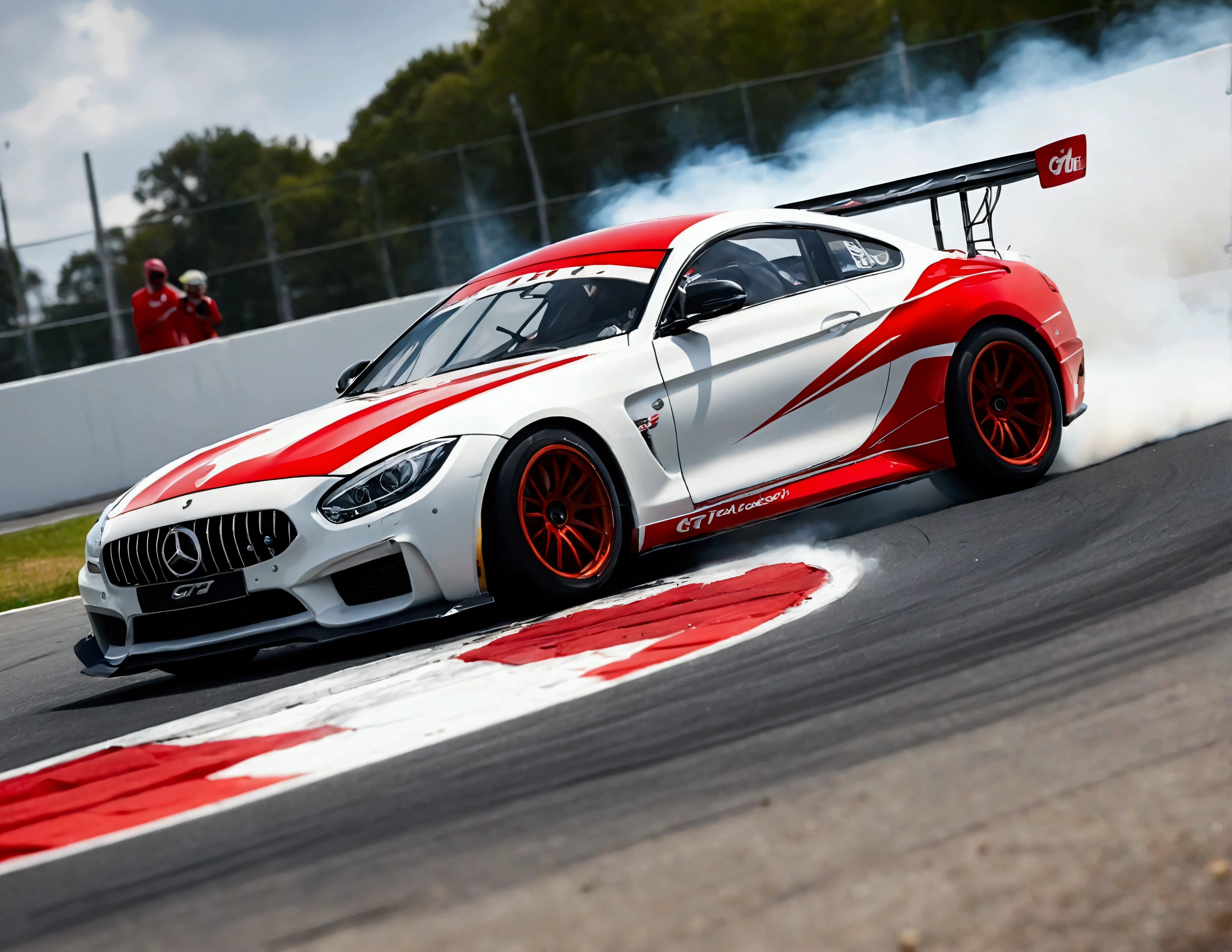 (Low Angle Shot:1.3), (From below:1.3), Illustration of a GT car drifting around a corner on a circuit, 8k resolution, The car has polished, reflective surfaces and visibly smoking tires,  Dynamic composition with the car in the center,  Focus on speed, motion Blur, detail, 