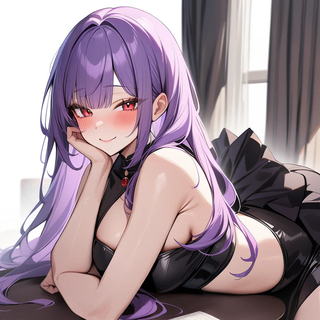 1girl, white background, red eyes, long hair, purple hair, bangs, call girl costume, closed mouth, smile, blush, masterpiece, best quality, very aesthetic, absurdres