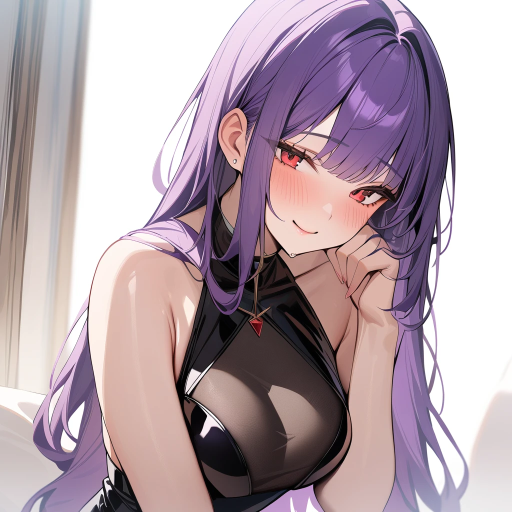 1girl, white background, red eyes, long hair, purple hair, bangs, call girl costume, closed mouth, smile, blush, masterpiece, best quality, very aesthetic, absurdres