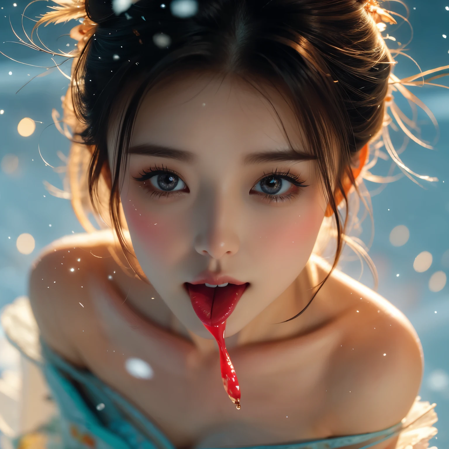 ExtremelyDetailed Kawaii Face of a TinyGirl, (CloseUp of Sweet Inner Mouth) glossy lips with beautiful details, Coquettish tongue Moves as if Kissing(Kissing to camera), extremely delicate and beautiful (8K TopQuality Masterpiece of Ultra-detailed(ProfessionalPhoto:1.37)), {Amazing|finely detail|official art|incredibly absurdres} (close-up:1.22), fish eye lens (wide lens) macro lens, Detailed reflective Eyes ElaboratePupils with (sparkling highlights:1.28) (Delicate Voluminous LongEyelashes:0.88), {(from Above:1.2)|Visible back of throat|String of saliva drip|(naked shoulder:1.32)}, (Dripping juice on tongue:1.23) snow particles