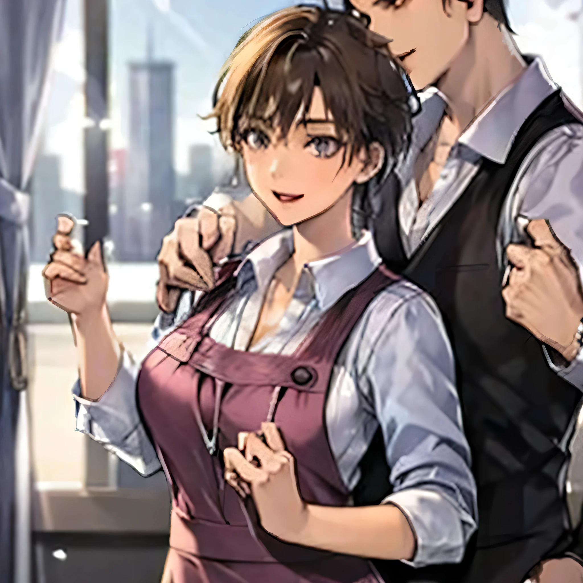 A girl with pixie haircut with light brown colored hair. Have a brown colored eyes. Have E cup bust. Make her look like a tomboy, smiling, wearing apron. Carrying a baby with a husband. 