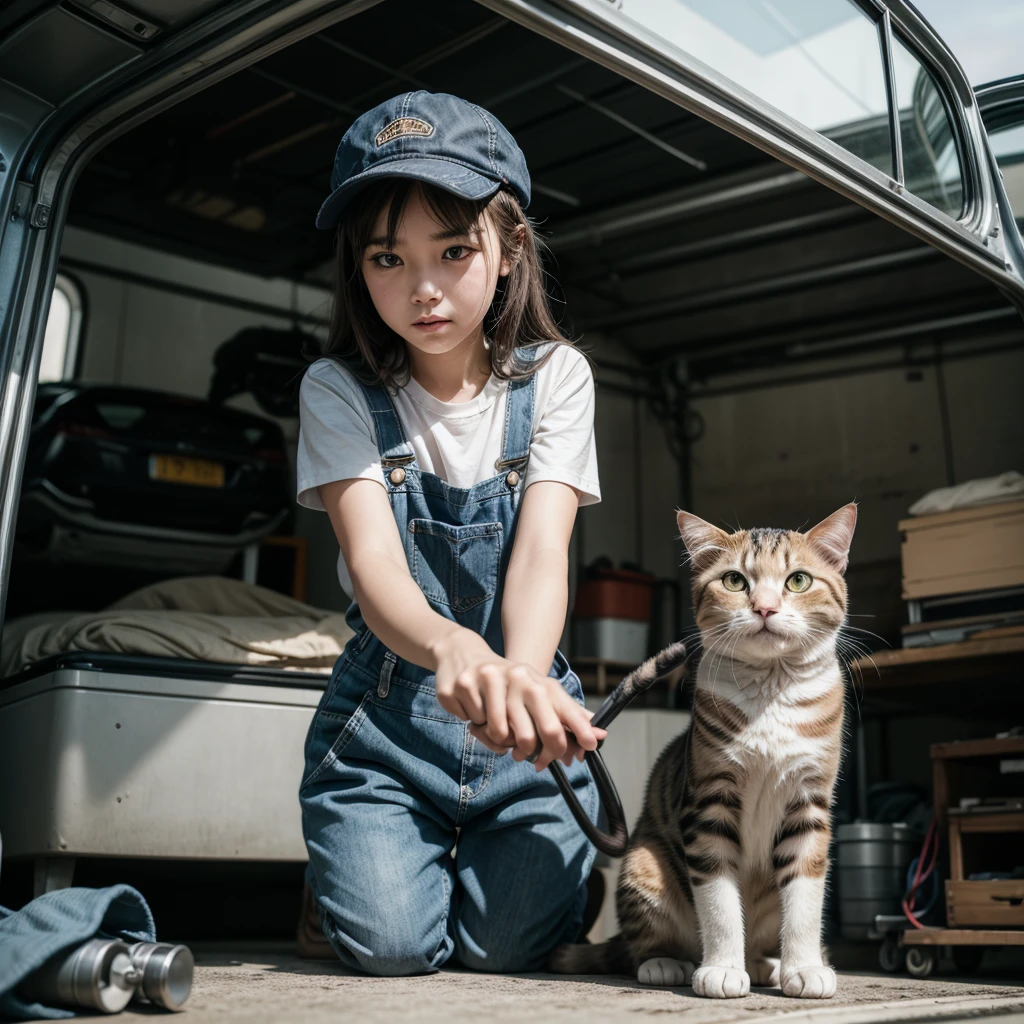 Capture the charming and realistic scene of a cute cat working as an auto mechanic at a car workshop. The cat is dressed in overalls and a hat, working under the hood of a luxury Japanese model vehicle, cleaning engine parts. Use a Canon EOS 5D Mark IV with a 24-70mm f/2.8L II USM lens at 35mm, f/5.6, 1/250 sec, and ISO 400. Arrange soft, diffused lighting to highlight the cat's adorable features, the overalls, hat, and the vehicle. A secondary light source reduces harsh shadows, and subtle backlighting adds depth. Center the cat in the frame, with the vehicle and workshop providing context and depth. The background is slightly blurred to keep the focus on the subject. Capture the scene from a medium height, emphasizing the charm and realism of the auto mechanic cat. The cat is depicted with intricate details, showcasing its adorable features, while the vehicle and workshop are rendered with exquisite detail. The photograph draws inspiration from the realistic and professional styles seen in high-resolution photography, resulting in a masterpiece that combines storytelling and technical excellence with a charming twist.
