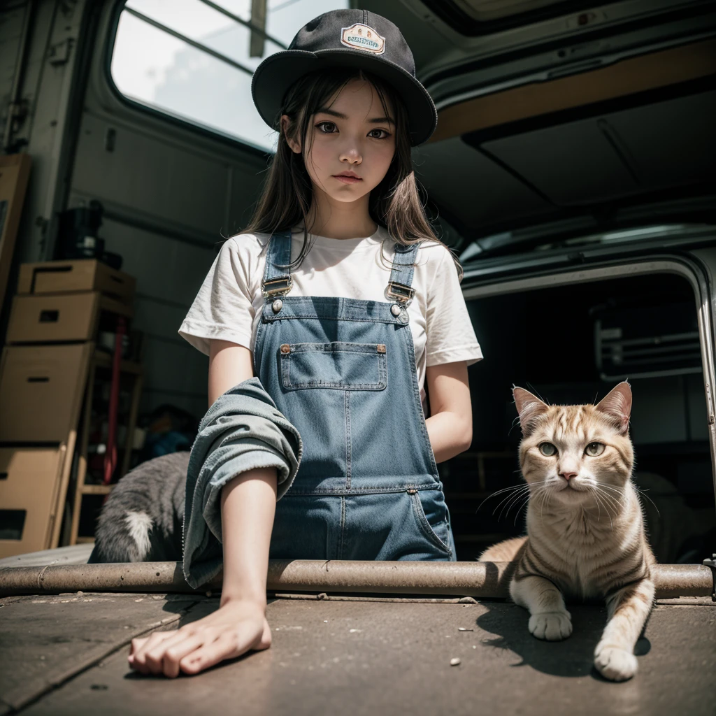 Capture the charming and realistic scene of a cute cat working as an auto mechanic at a car workshop. The cat is dressed in overalls and a hat, working under the hood of a luxury Japanese model vehicle, cleaning engine parts. Use a Canon EOS 5D Mark IV with a 24-70mm f/2.8L II USM lens at 35mm, f/5.6, 1/250 sec, and ISO 400. Arrange soft, diffused lighting to highlight the cat's adorable features, the overalls, hat, and the vehicle. A secondary light source reduces harsh shadows, and subtle backlighting adds depth. Center the cat in the frame, with the vehicle and workshop providing context and depth. The background is slightly blurred to keep the focus on the subject. Capture the scene from a medium height, emphasizing the charm and realism of the auto mechanic cat. The cat is depicted with intricate details, showcasing its adorable features, while the vehicle and workshop are rendered with exquisite detail. The photograph draws inspiration from the realistic and professional styles seen in high-resolution photography, resulting in a masterpiece that combines storytelling and technical excellence with a charming twist.