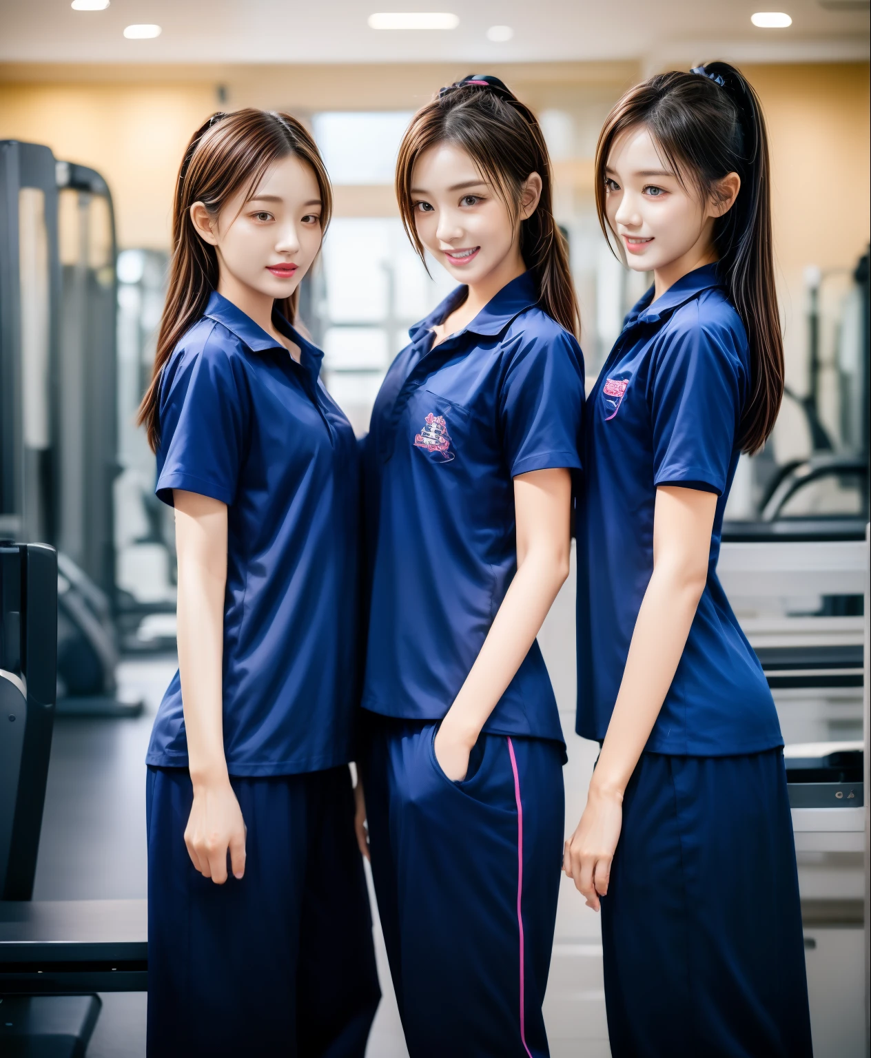 3 girls in fitness center, Navy blue short-sleeved shirt,Navy Long Trackpant,Sweatpants, Sweatpantsขายาว,25 year old girl, lesbian, sexy, exercise clothes, wet body, exercise clothes