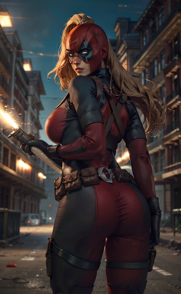 masterpiece, best quality, highres, contrapposto,
BodySuit_lady_deadpool_ownwaifu,
Christina Chong beautiful face, narrowed eyes. smirk. black braided hair with narrowed eyes,, mask, blonde hair, ponytail, long hair, large breasts, no pupils, 
bodysuit, skin tight, superhero, belt pouch, utility belt, red bodysuit, gloves, weapon on back, thigh pouch, thigh strap, thigh holster, belt buckle, turtleneck, 
light particles, depth_of_field, scenery, night, aerial fireworks, solo, cowboy shot, looking at viewer,