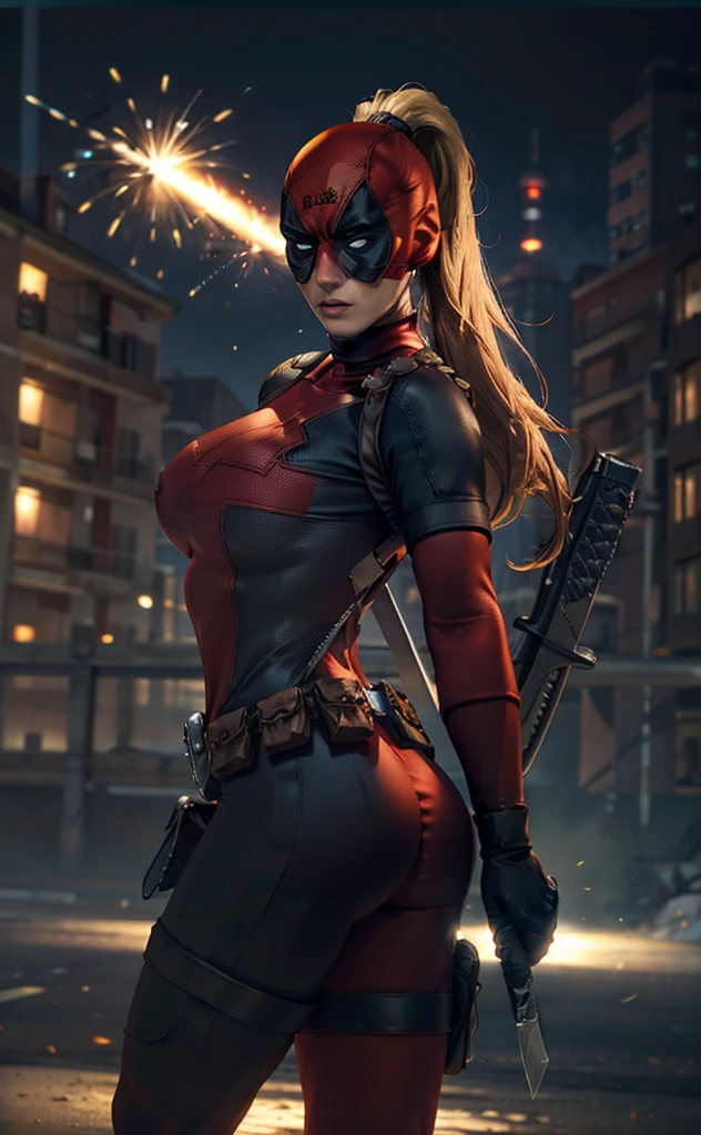 masterpiece, best quality, highres, contrapposto,
BodySuit_lady_deadpool_ownwaifu,
Christina Chong beautiful face, narrowed eyes. smirk. black braided hair with narrowed eyes,, mask, blonde hair, ponytail, long hair, large breasts, no pupils, 
bodysuit, skin tight, superhero, belt pouch, utility belt, red bodysuit, gloves, weapon on back, thigh pouch, thigh strap, thigh holster, belt buckle, turtleneck, 
light particles, depth_of_field, scenery, night, aerial fireworks, solo, cowboy shot, looking at viewer,