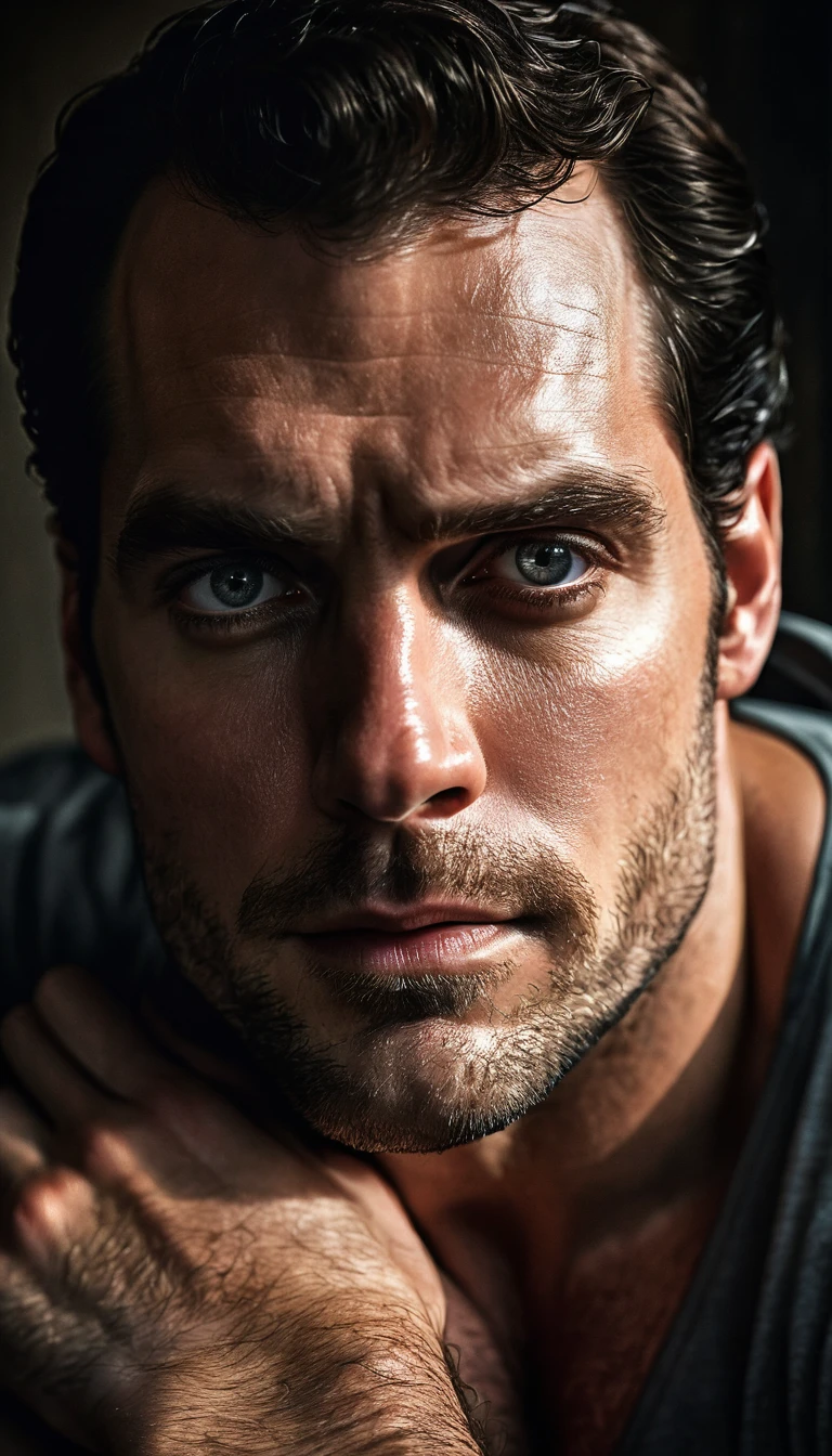 RAW photo beautiful portrait, Henry Cavill, Penetrating gaze, High-quality textures, High-quality shadows, high detail, beautiful detail, Fine details, Extremely detailed computer graphics, detailed textures, Realistic faces, atmosphere of fear and discomfort, sensual moment from the point of view of someone hugging a muscular man with glowing laser eyes