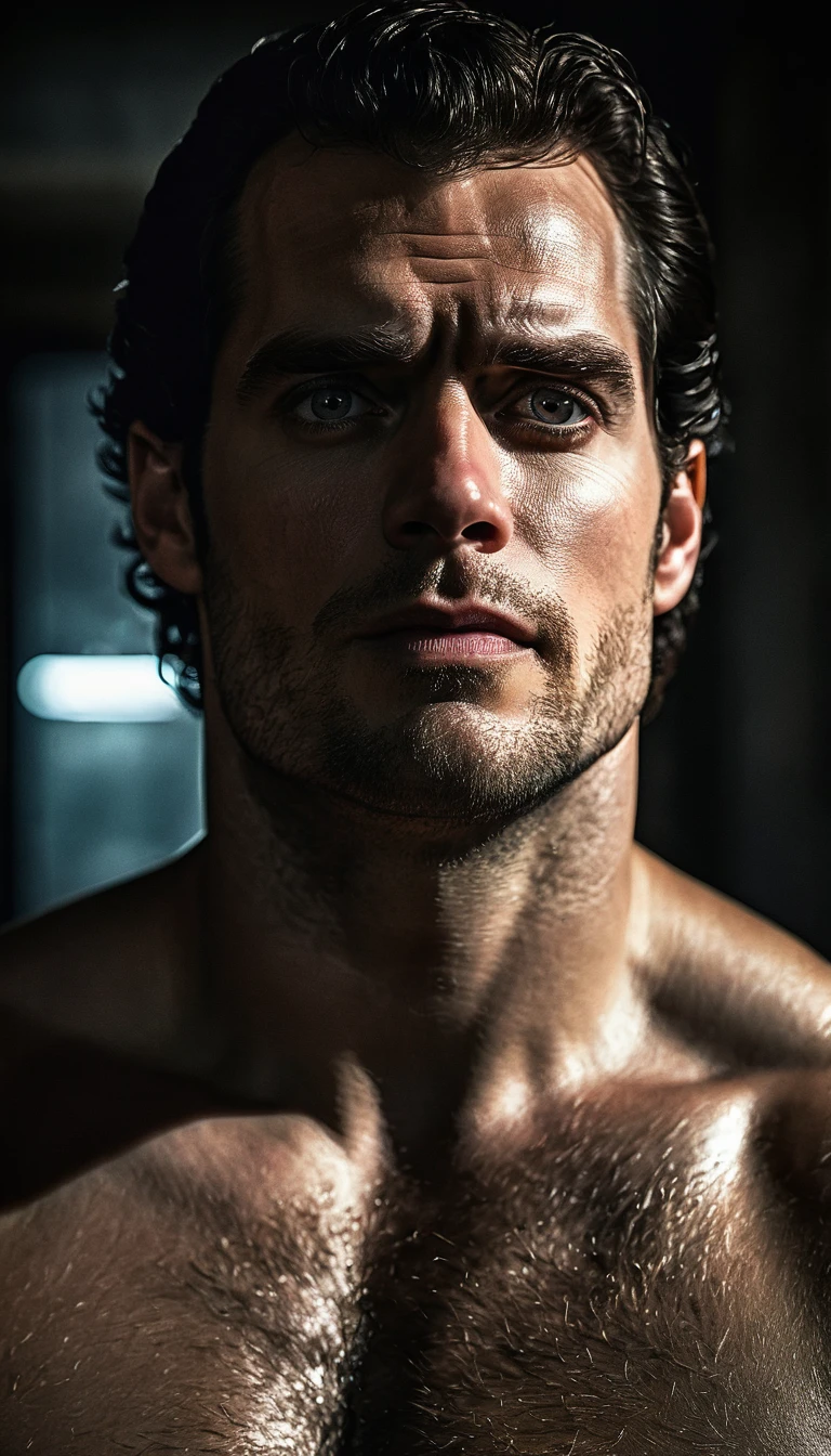 RAW photo beautiful portrait, Henry Cavill, Penetrating gaze, High-quality textures, High-quality shadows, high detail, beautiful detail, Fine details, Extremely detailed computer graphics, detailed textures, Realistic faces, atmosphere of fear and discomfort, sensual moment from the point of view of someone hugging a muscular man with glowing laser eyes