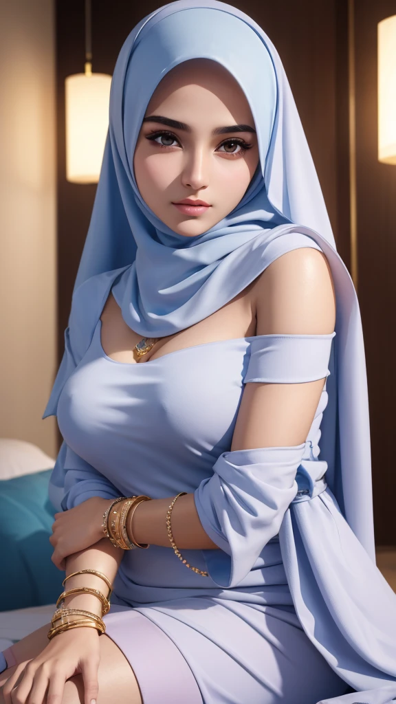 A beautiful girl, Arabian girl model with white skin, sharp nose, thin lips, round face, slender body, wearing tight bra, voluptuous breast, off shoulder, hijab, arm sleeve, golden bangles, bracelets, necklaces, swiss polo watch, in nurse uniform, detailed squinting eyes, detailed horny face, best quality, 4k, 8k, highres, masterpiece, ultra-detailed, realistic, photorealistic, photo-realistic, studio lighting, extreme detail description, vivid colors