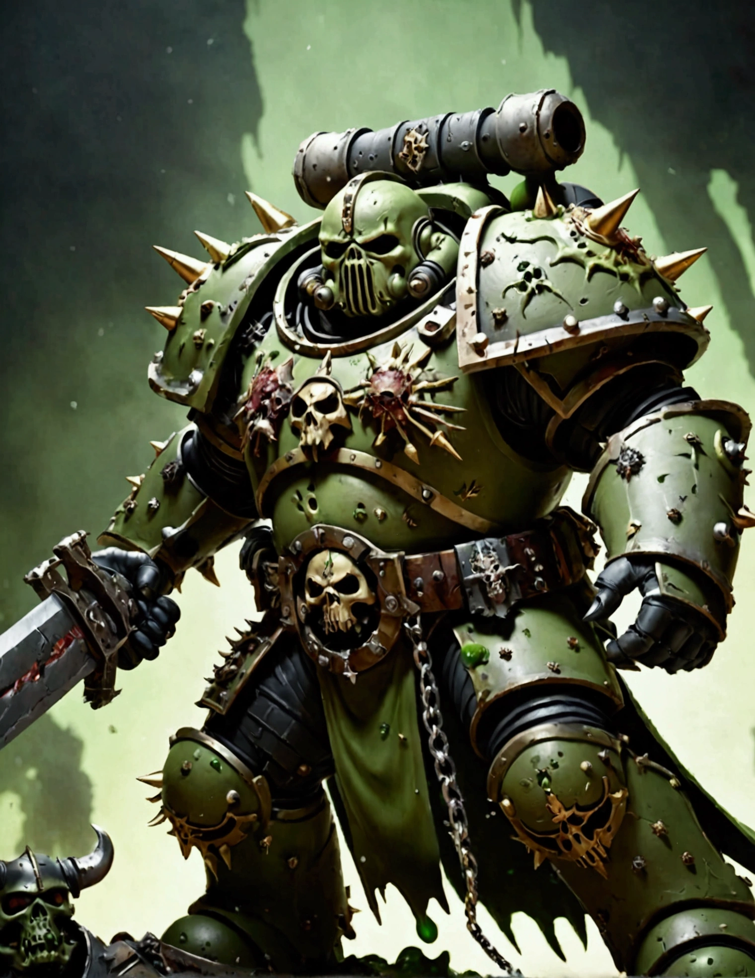 (Warhammer 40k)Chaos Space Marine of Nurgle, armor leaking slime and gore, bloated, attacking with a chain sword, viewed from a low angle, battlefield
