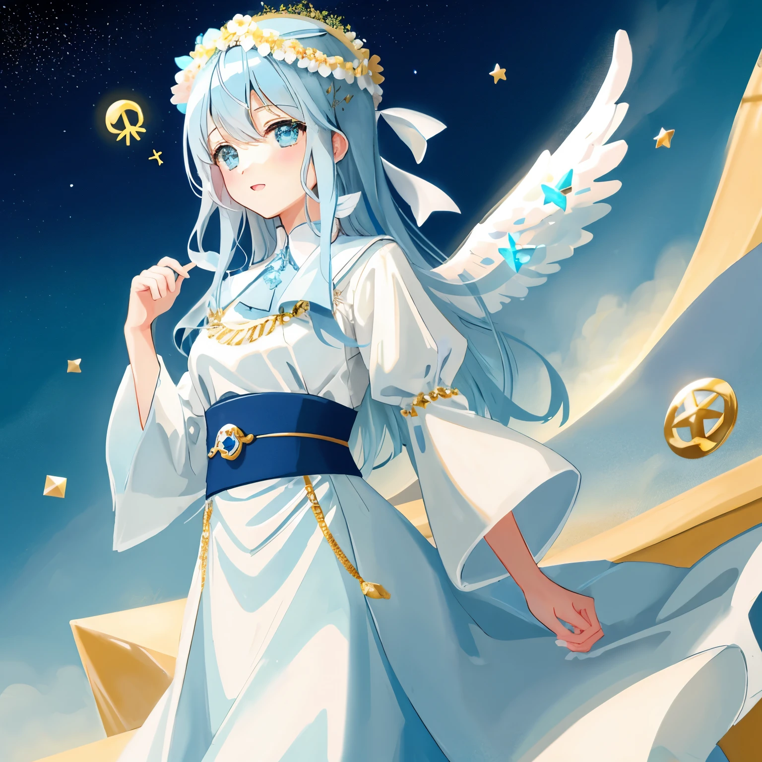 *****「「「((((((symbols of blessings))))))1:2.0」」」*****
(Around her, **symbols of blessings** are scattered, shining as they receive light, creating a divine atmosphere. **Symbols of blessings** symbolize her purity and grace, bringing blessings and peace to those who see them. **Symbols of blessings** are in the form of hearts, stars, and flowers, and are gold and silver in color, shining brightly.)
BREAK
***「(((((light blue highlights)))))1:1.8」***
Her hair has **light blue highlights**, which shine as they receive light, enhancing her beauty. **Light blue highlights** symbolize her elegance and mystery.
BREAK
***「(((((calm and loving expression)))))1:1.8」***
Her expression is **calm and loving**, bringing a sense of reassurance and peace to those who see it. **Calm and loving expression** symbolizes her kindness and compassion.
BREAK
(((((angel wings)))))1:1.5
On her back, **angel wings** spread out, shining as they receive light, creating a divine atmosphere. **Angel wings** symbolize her purity and grace, bringing blessings and peace to those who see them. The wings are detailed, with each feather meticulously drawn, and they shine with a soft glow.
BREAK
(((((Background)))))1:1.2
**Background**: peaceful and beautiful natural scenery, blue sky and green meadow, ****「golden light shining through」****
BREAK
Illustration Enhancement: ***「(((((「Ultra-detailed」)))))」,「(((((「Ultra high resolution」)))))」,「(((((「Top Quality photorealistic Illustration」)))))」,「(((((「Super Definition」)))))」,「(((((「High Saturation」)))))」*** ***「(((((「Golden ratio 1.2」)))))」*** ***「(((((「Drafting board 1.3」)))))」*** ***「(((((「Ultra-quality detailed art」)))))」*** ***「(((((「Color bit depth 24-bit, 48-bit」)))))」*** ***「(((((「8K, ultra-high resolution」)))))」***
cute illustration:1.2, detailed beautiful face and eyes, an extremely delicate and beautiful, nice hands, perfect hands, appropriate posture, appropriate configuration, ideal ratio body proportions, absurdres, realistic, hyper-realistic,
