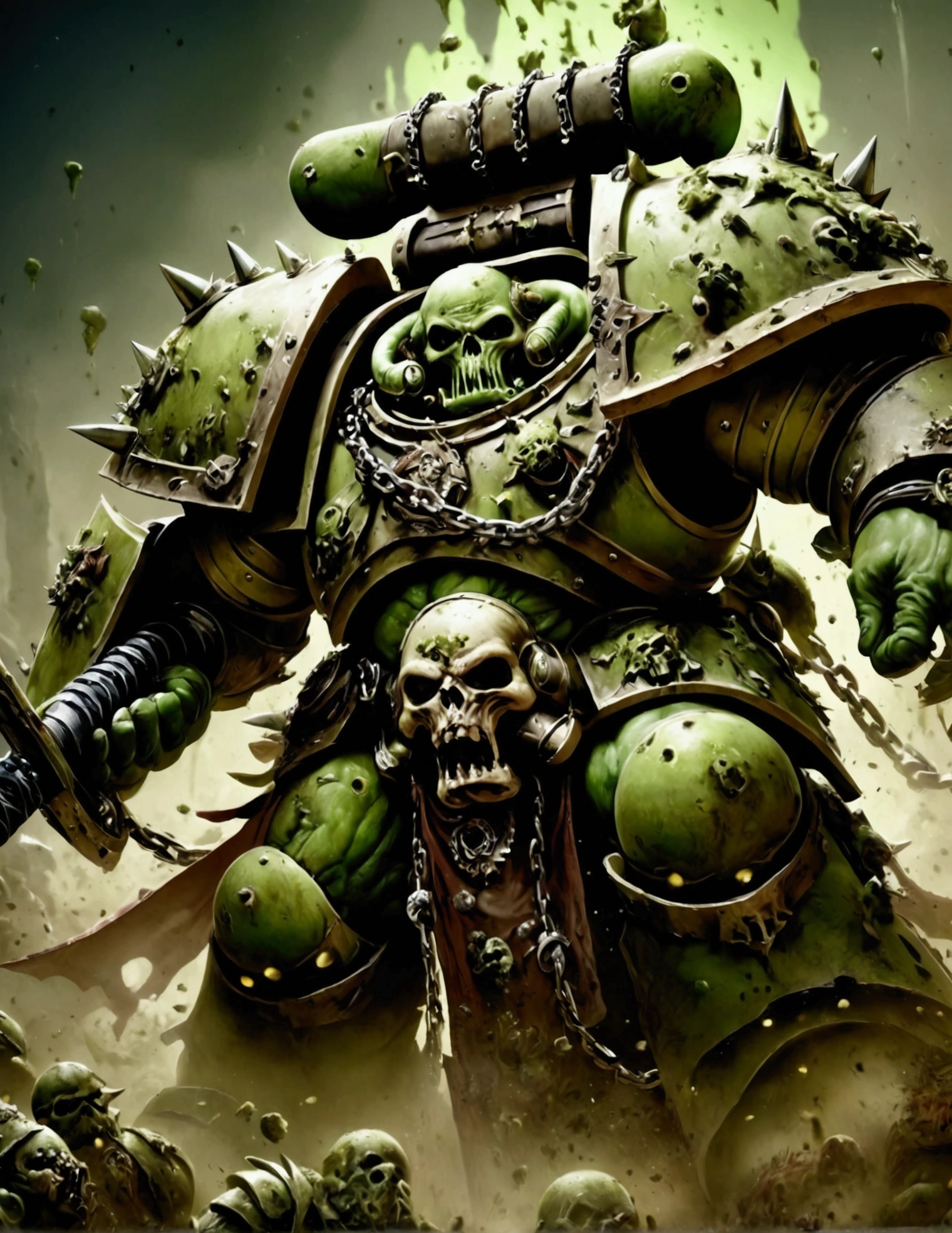 Chaos Space Marine of Nurgle, armor leaking slime and gore, bloated, attacking with a chain sword, viewed from a low angle, battlefield
