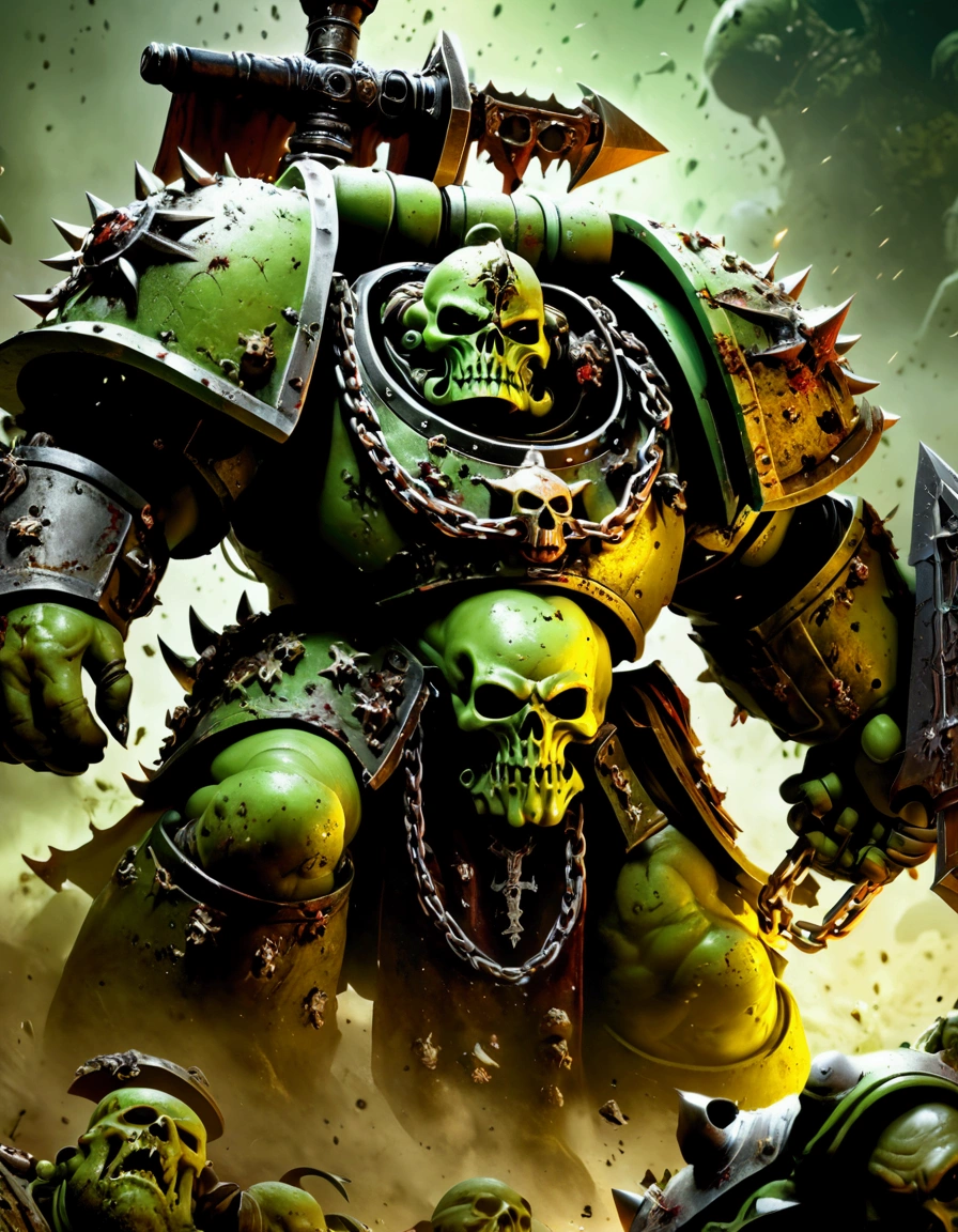 Chaos Space Marine of Nurgle, armor leaking slime and gore, bloated, attacking with a chain sword, viewed from a low angle, battlefield