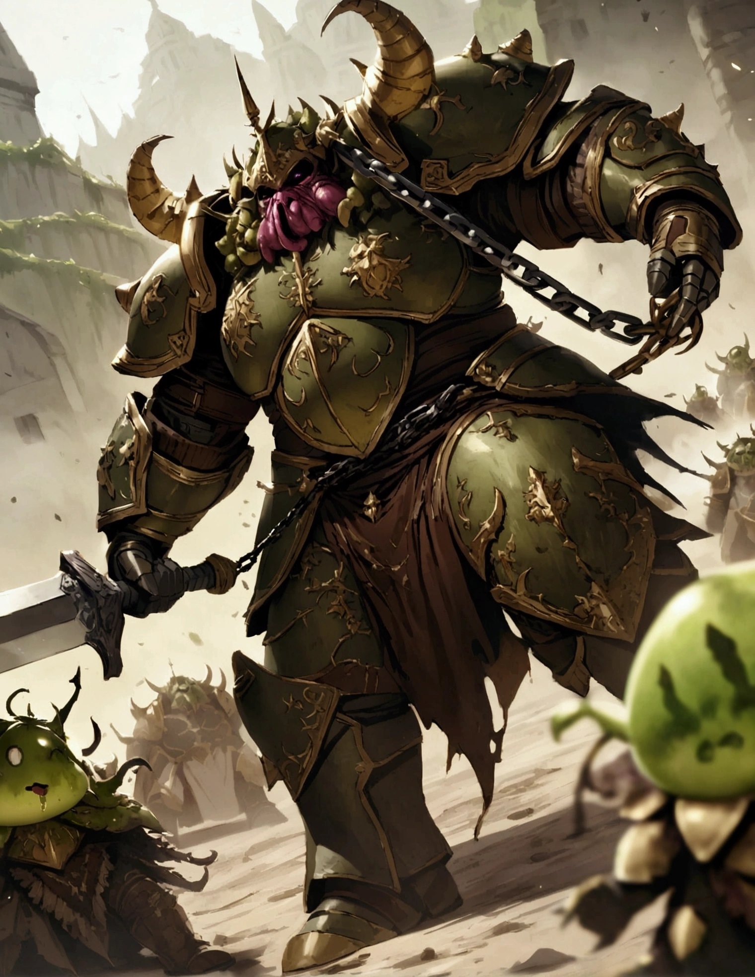 Chaos Space Marine of Nurgle, armor leaking slime and gore, bloated, attacking with a chain sword, viewed from a low angle, battlefield

