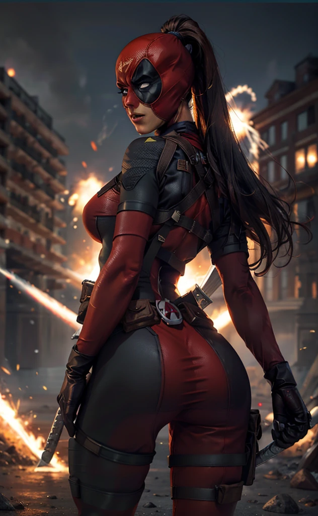 masterpiece, best quality, highres, contrapposto,
BodySuit_lady_deadpool_ownwaifu,
Christina Chong beautiful face, narrowed eyes. smirk. black braided hair with narrowed eyes,, mask, black hair, ponytail, long hair, large breasts, no pupils, 
bodysuit, skin tight, superhero, belt pouch, utility belt, red bodysuit, gloves, weapon on back, thigh pouch, thigh strap, thigh holster, belt buckle, turtleneck, 
light particles, depth_of_field, scenery, night, aerial fireworks, solo, cowboy shot, looking at viewer,