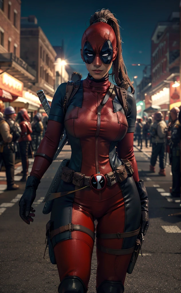 masterpiece, best quality, highres, contrapposto,
BodySuit_lady_deadpool_ownwaifu,
Christina Chong beautiful face, narrowed eyes. smirk. black braided hair with narrowed eyes,, mask, black hair, ponytail, long hair, large breasts, no pupils, 
bodysuit, skin tight, superhero, belt pouch, utility belt, red bodysuit, gloves, weapon on back, thigh pouch, thigh strap, thigh holster, belt buckle, turtleneck, 
light particles, depth_of_field, scenery, night, aerial fireworks, solo, cowboy shot, looking at viewer,