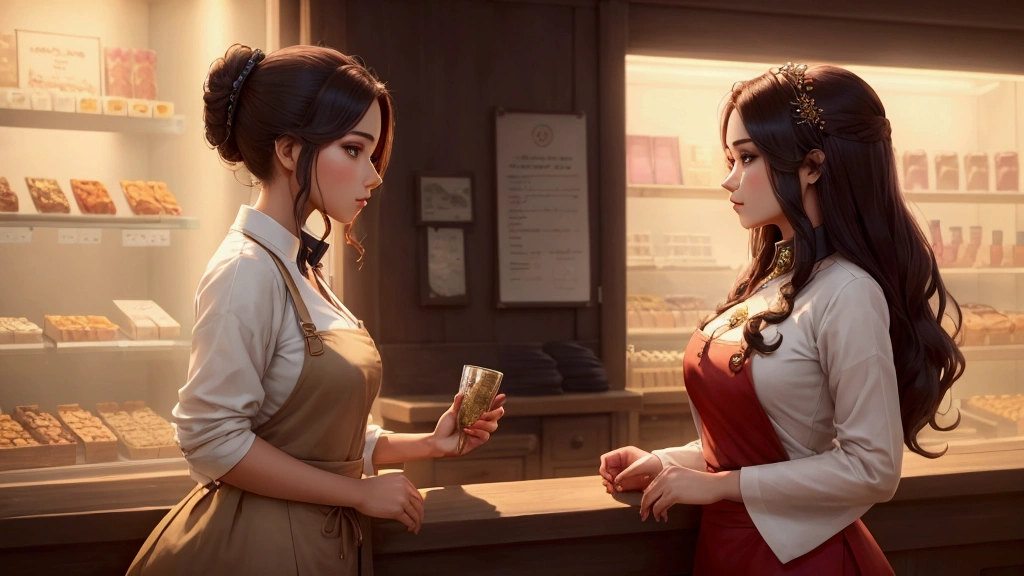 meet a beautiful girl who owns a shop and apply for a job there side view and talking to the girl show the character of the prince wearing simple clothes