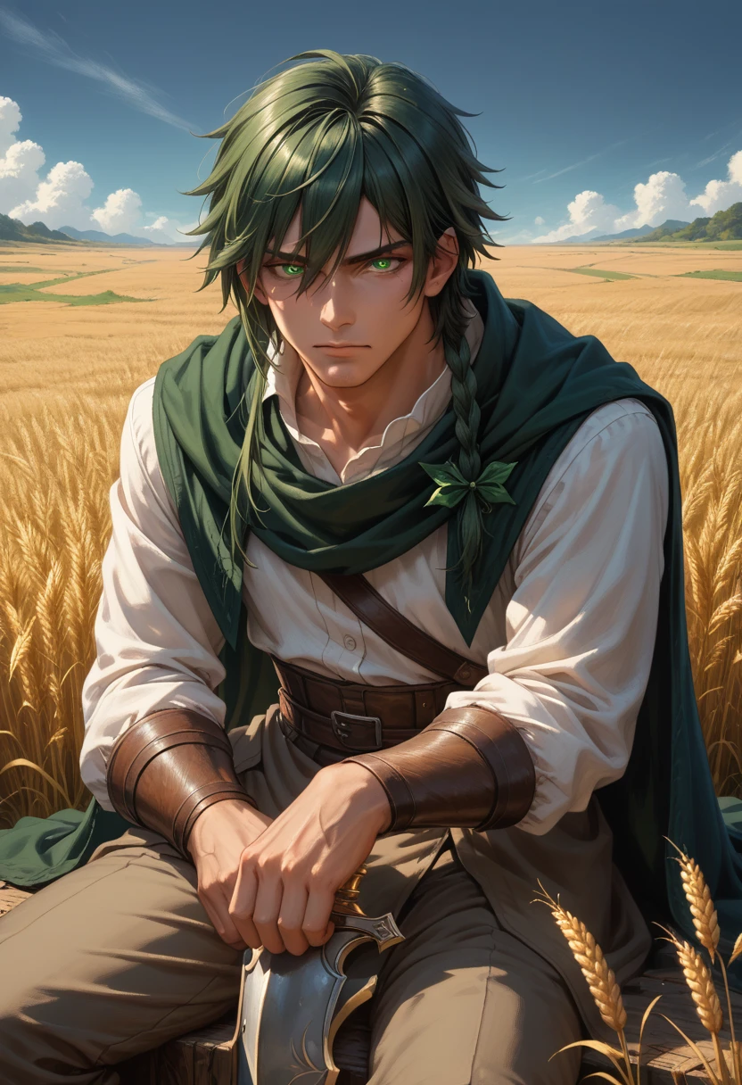 Sakuya, magicpunk style, incredibly absurd, conceptual art, Best quality, perfect lighting, illustration, extreme limit; vanishing point, sitting, I look at the viewer, Mature male character, 1 boy, (No mouth:1.3), male focus, masculine, green hair, Dyed bangs, sparkling eyes, Tedious (Fantasy groin pad and shin guards:1.1), Wheat field, finely detailed background, stunning background