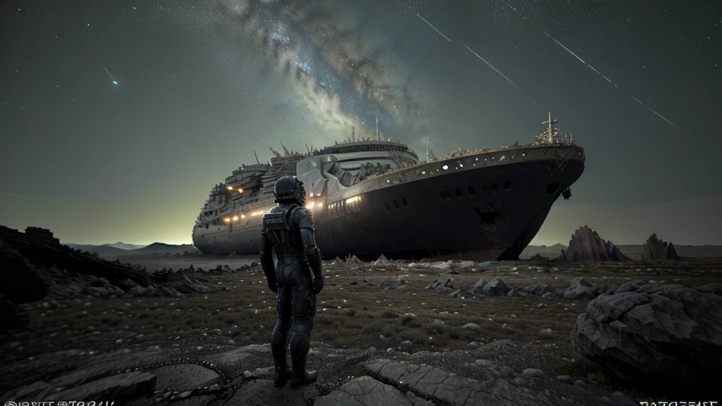 (((masterpiece))) It's nighttime on an alien planet, and a human spaceship has crashed on the earth of a rocky alien planet, the ship has visible damage from the impact. The astronaut is standing to the side of the scene in the foreground, with his back turned, looking at his shattered ship. The planet lacks vegetation, there are only rocks and stones, it's nighttime.