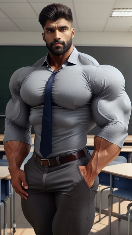 40 years old handsome hunk indian teacher with small beard mascular dark skin jaat with spiky hairstyle, head to thighs, beautiful eyes, large lips, volumeric light, wearing button opened shirt showing hairy chest with unbuttoned grey trouser with grey tie, huge bulge show at front of children, muscular chest, long legs, Wide shoulders, nice detailed hands, standing with spread legs in classroom background, sunny day, daylight, huge bulge, erect bulge, seductive, erotic, exotic