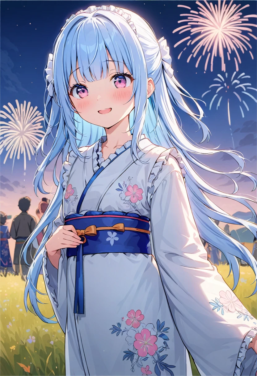 masterpiece, best quality, extremely detailed, (illustration, official art:1.1), 1 girl ,(((( light blue long hair)))), ,(((( light blue long hair)))),light blue hair, , long hair ((blush)) , cute face, masterpiece, best quality,(((((a very delicate and beautiful girl))))),Amazing,beautiful detailed eyes,blunt bangs((((little delicate girl)))),(((tareme))),droopy eyes.(true beautiful:1.2), sense of depth,dynamic angle,,,, affectionate smile, (true beautiful:1.2),,(tiny 1girl model:1.2),)(flat chest),​masterpiece、top-quality、Movie stills、1girl in、animesque、Pink Shorthair、Pink eyes、illustratio、kimono、Japanese dress、kawaii、Large grasslands、Watching the fireworks（Spark：0.7）、By Shinkai Makoto