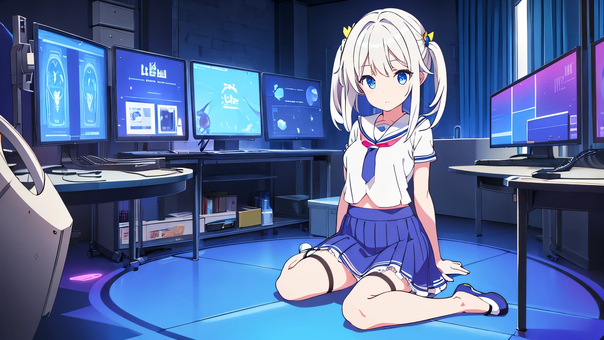 1 beautiful girl excellent quality perfect anatomy vtuber white hair light blue eyes long stockings in the room rgb led pc gaming full body Mini skirt small breasts
