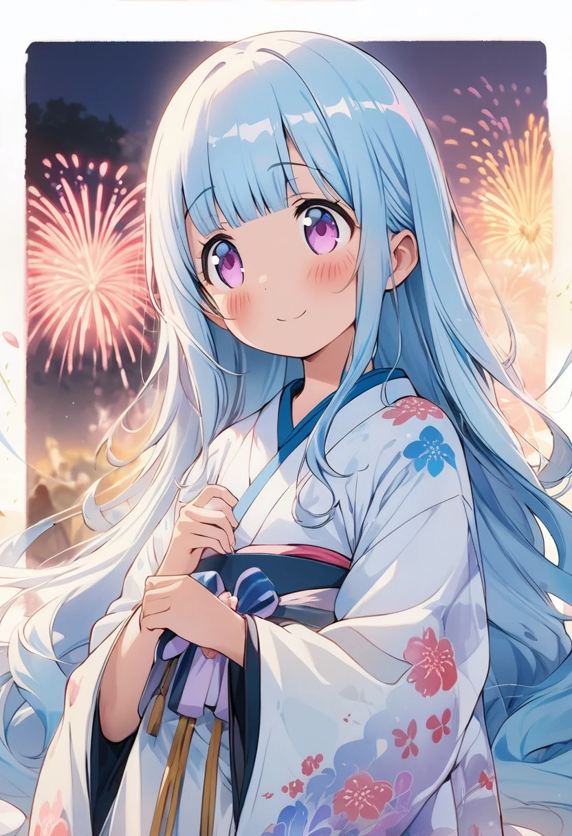 masterpiece, best quality, extremely detailed, (illustration, official art:1.1), 1 girl ,(((( light blue long hair)))), ,(((( light blue long hair)))),light blue hair, , long hair ((blush)) , cute face, masterpiece, best quality,(((((a very delicate and beautiful girl))))),Amazing,beautiful detailed eyes,blunt bangs((((little delicate girl)))),(((tareme))),droopy eyes.(true beautiful:1.2), sense of depth,dynamic angle,,,, affectionate smile, (true beautiful:1.2),,(tiny 1girl model:1.2),)(flat chest),​masterpiece、top-quality、Movie stills、1girl in、animesque、Pink Shorthair、Pink eyes、illustratio、kimono、Japanese dress、kawaii、Large grasslands、Watching the fireworks（Spark：0.7）、By Shinkai Makoto