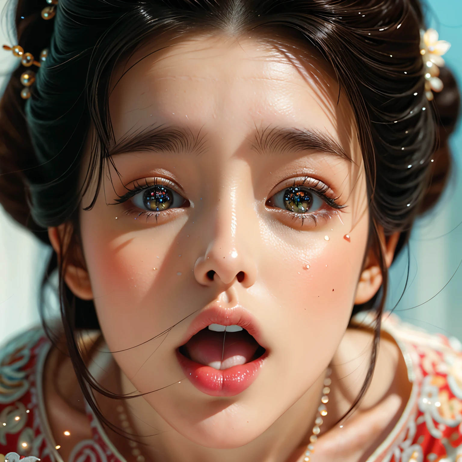ExtremelyDetailed Kawaii girl Face, (Close-up Sweet lips) glossy lips with beautiful details, Coquettish tongue Moving as if ((Kissing to camera)), an extremely delicate and beautiful (8K TopQuality Masterpiece of Ultra-detailed(ProfessionalPhoto:1.37)), {Amazing|finely detail|official art|incredibly absurdres} (close-up:1.22), fish eye lens (wide lens) macro lens, Detailed reflective Eyes ElaboratePupils with (sparkling highlights:1.28) (Delicate Voluminous LongEyelashes:0.88), {from Above|Visible back of throat|String of saliva drip|Cum on face}, (naked shoulder:1.32), (Dripping WhiteJuice on tongue:1.23) snow particles 
