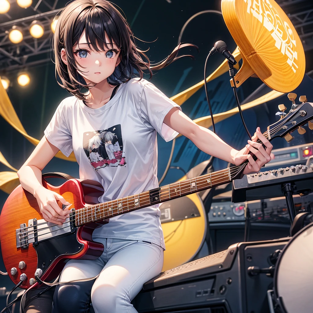 whole body、An illustration、7th life、Cute woman、1 guitarist and vocalist、Electric guitar1 person、Bass guitar1 person、One person playing the drum set、1 person playing a mallet instrument、Five-member girl band、Instrument playing、Plain white T-shirt、Black skinny pants