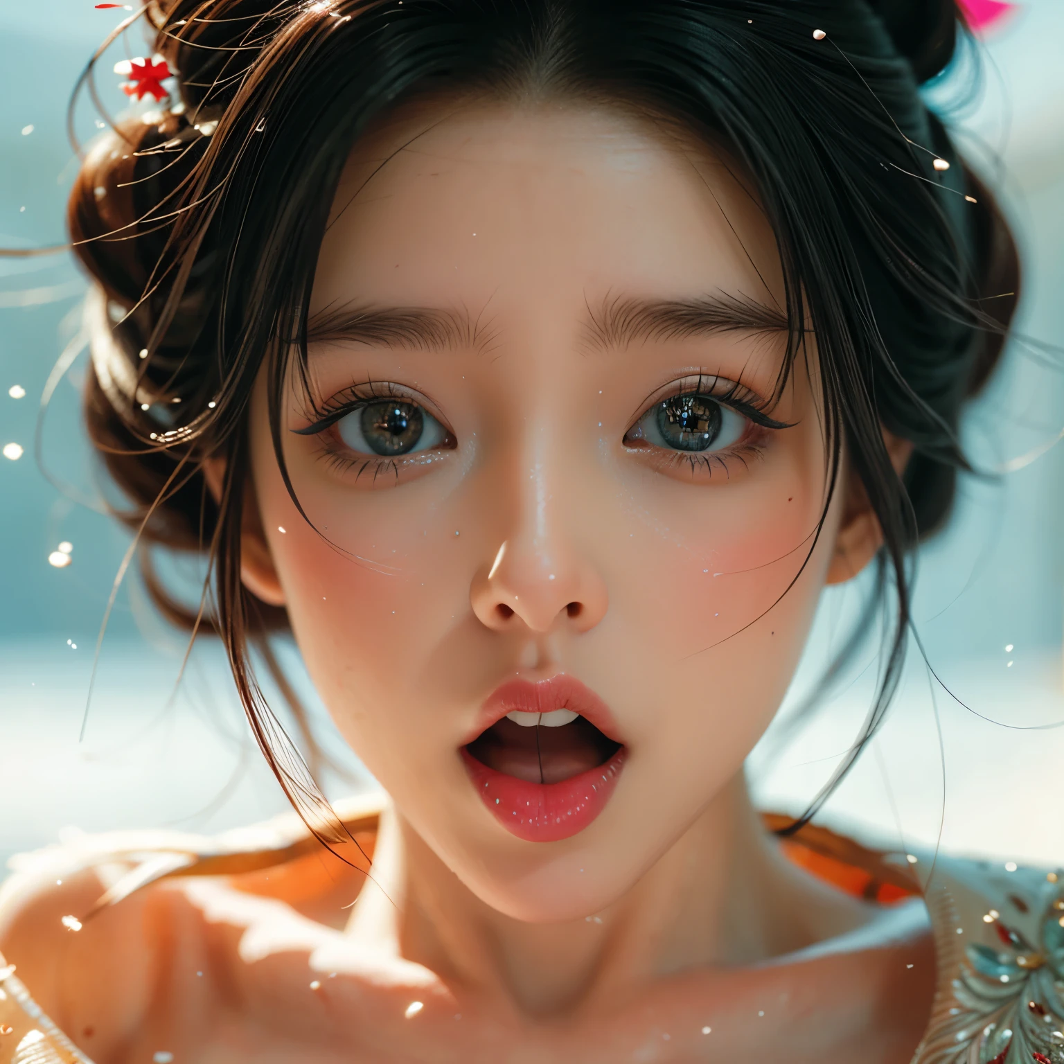 ExtremelyDetailed Kawaii girl Face, (Close-up Sweet lips) glossy lips with beautiful details, Coquettish tongue Moving as if ((Kissing to camera)), an extremely delicate and beautiful (8K TopQuality Masterpiece of Ultra-detailed(ProfessionalPhoto:1.37)), {Amazing|finely detail|official art|incredibly absurdres} (close-up:1.22), fish eye lens (wide lens) macro lens, Detailed reflective Eyes ElaboratePupils with (sparkling highlights:1.28) (Delicate Voluminous LongEyelashes:0.88), {from Above|Visible back of throat|String of saliva drip|Cum on face}, (naked shoulder:1.32), (Dripping WhiteJuice on tongue:1.23) snow particles