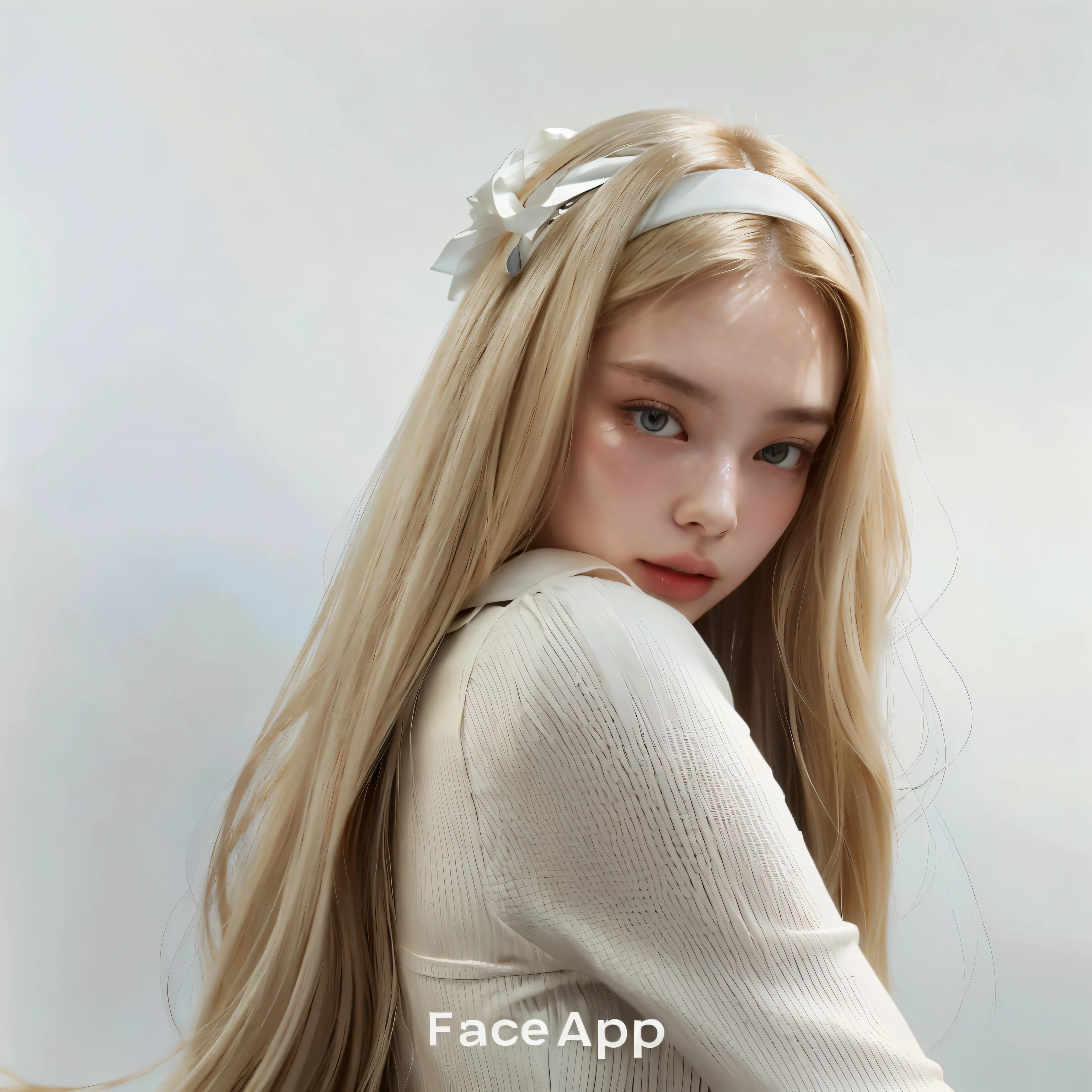 Blonde woman with long hair wearing a white top and a white headband., Ava Max, frontal photo, A girl with blonde hair., official Product photo, close your face, with long blonde hair, Product photo, close view, face photo, close your face, Face like Ester Exposito, perfect face, face photo, face with artgram, Cara sexy
