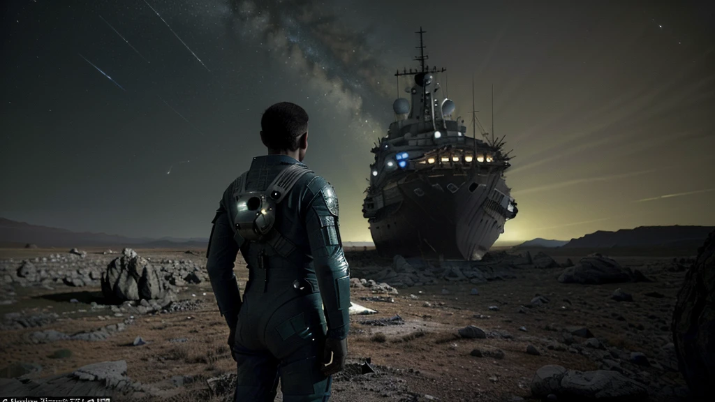 (((masterpiece))) It's nighttime on an alien planet, and a human spaceship has crashed on the earth of a rocky alien planet, the ship has visible damage from the impact. The astronaut is standing to the side of the scene in the foreground, with his back turned, looking at his shattered ship. The planet lacks vegetation, there are only rocks and stones, it's nighttime.