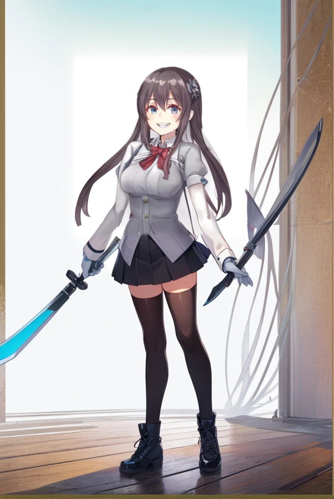 anime girl with long hair and a bow tie posing for a picture, anime moe artstyle, official character art, very slightly smiling, joyful smirk, long white glove, black skirt, holding some blade, bare leg, black shoes, standing