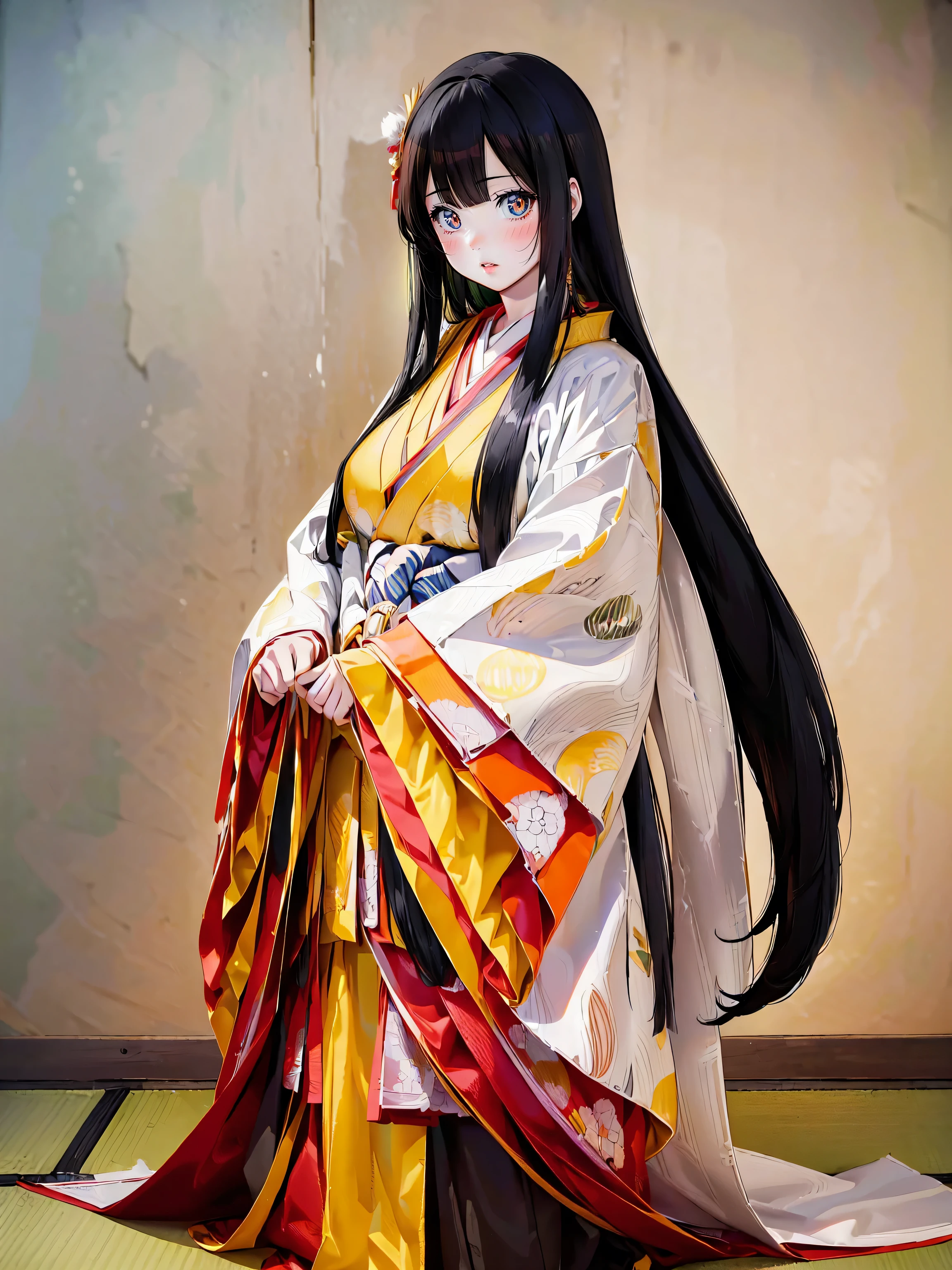 (solo japanese girl:1.3), (Straight long hair, Shiny and glossy black hair:1.3), Karaginu jacket, Long hakama, The cuffs and chest of the five-piece garment, Wearing Imperial Kimono, Imperial Patterns, (huge breasts), (from front), (cowboy shot), (leaning forward, looking up, from above:1.3), (((Masterpiece, Super detail, top quality, ultra high res, Spectacular Quality, Distinguished Quality, ultra detailed, unity 16k, ultra photo realistic))), (moe animation art style:1.5),